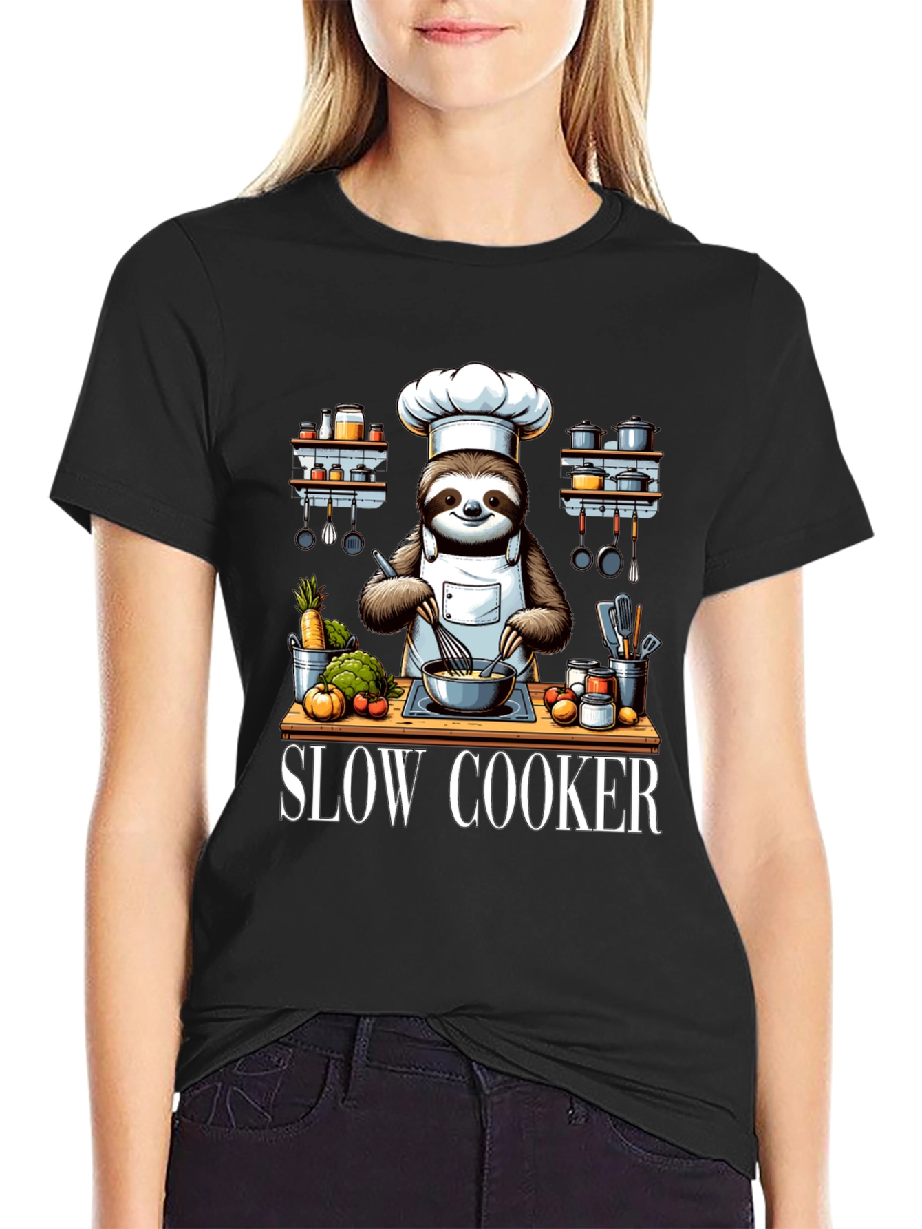 Black Sloth Chef T-Shirt - Slow Cooker Design view 2