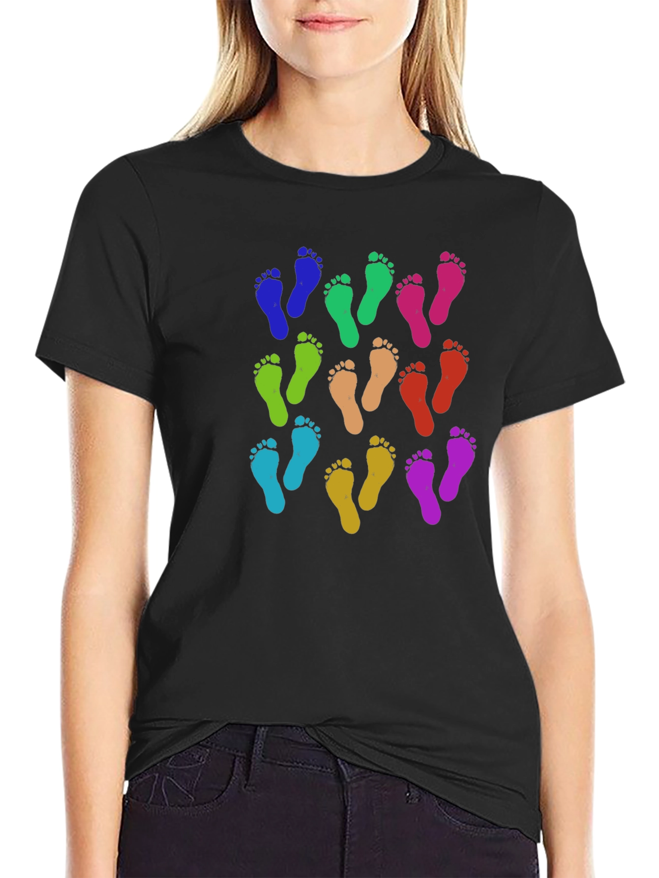 Black Colorful Footprints Tee - Funky Pattern Black T-Shirt view 2