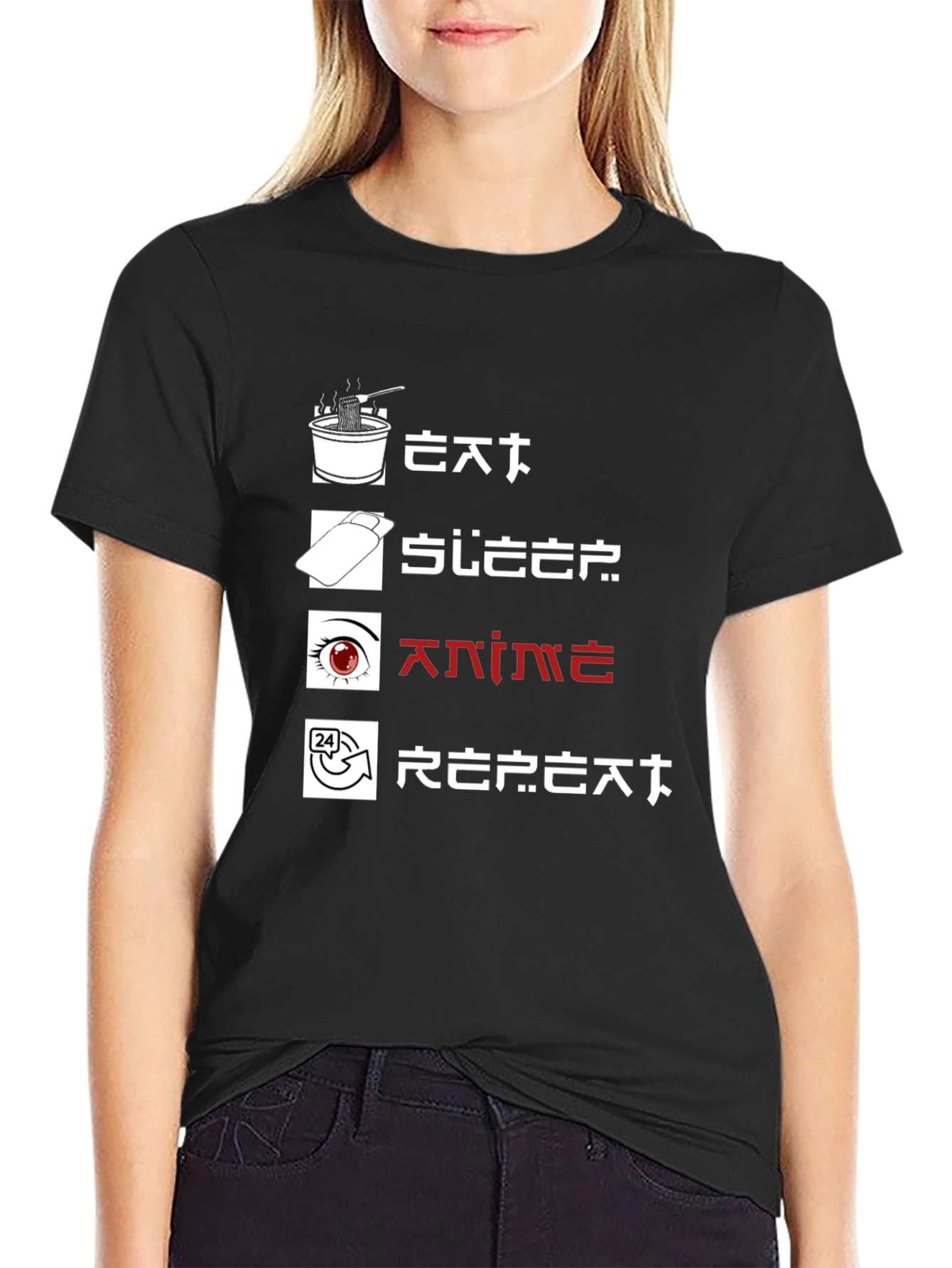 Black Eat Sleep Anime Repeat Graphic Tee view 2