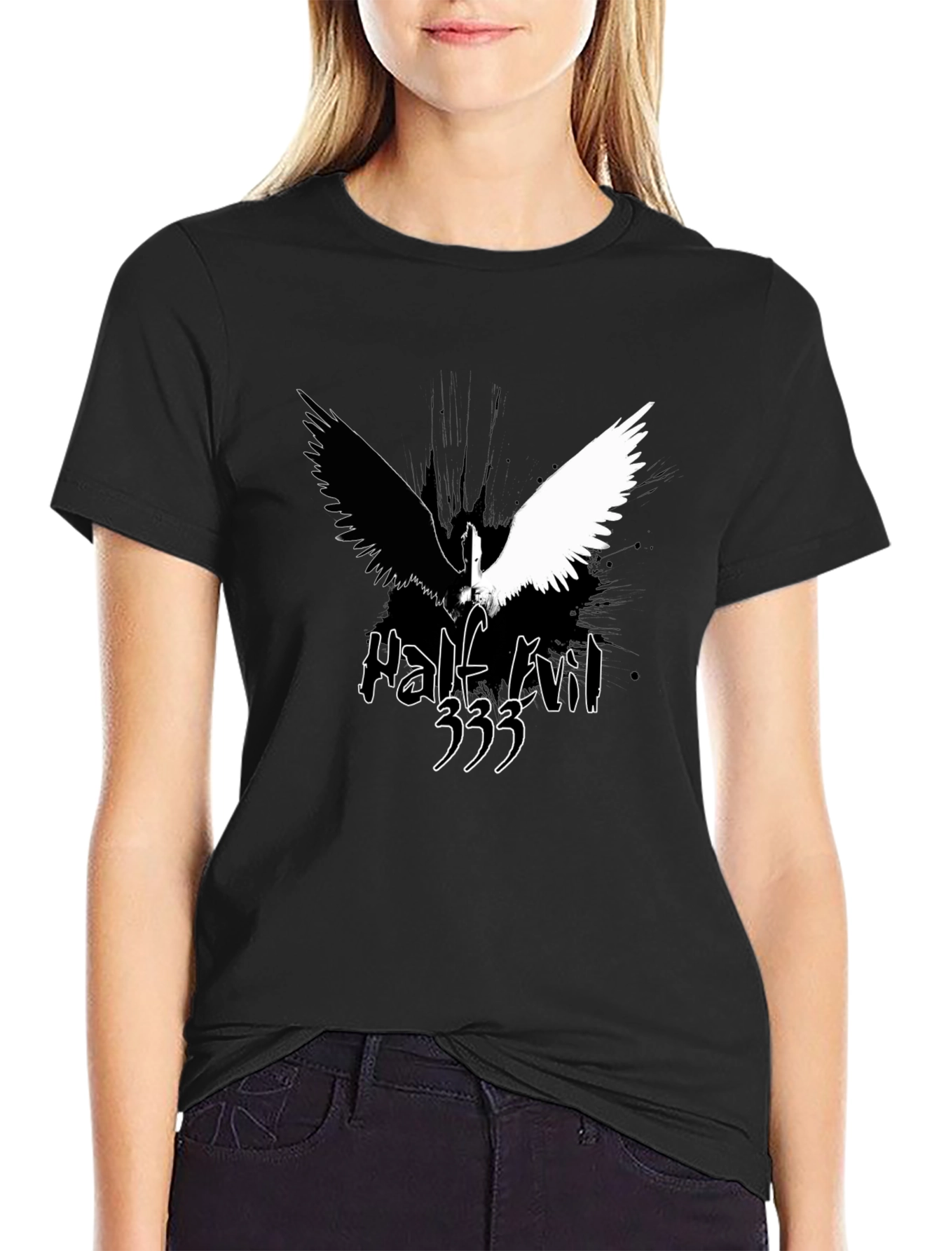 Black Half Evil Angel Wings Black T-Shirt view 2