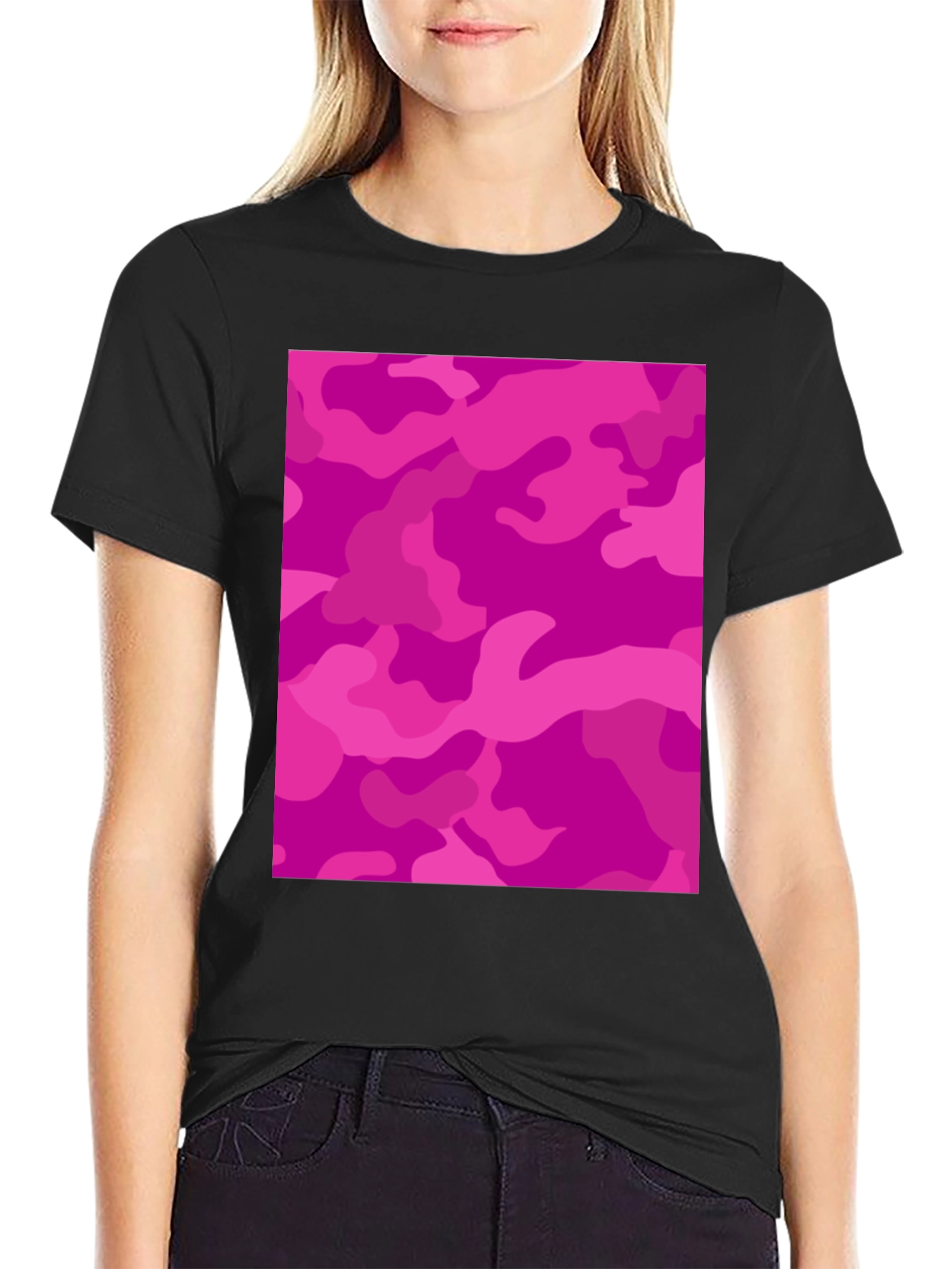 Black Pink Camo Print Black Crew Neck T-Shirt view 2
