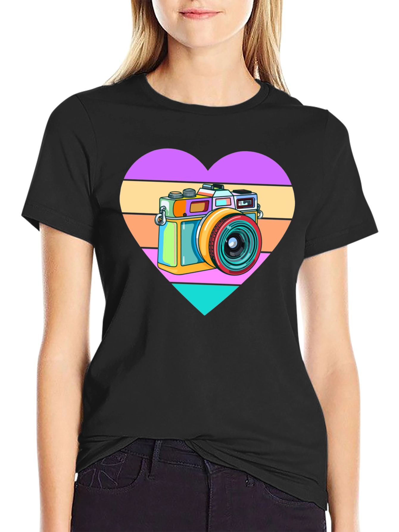 Black Retro Camera Heart Graphic Tee - Black Cotton T-Shirt view 2