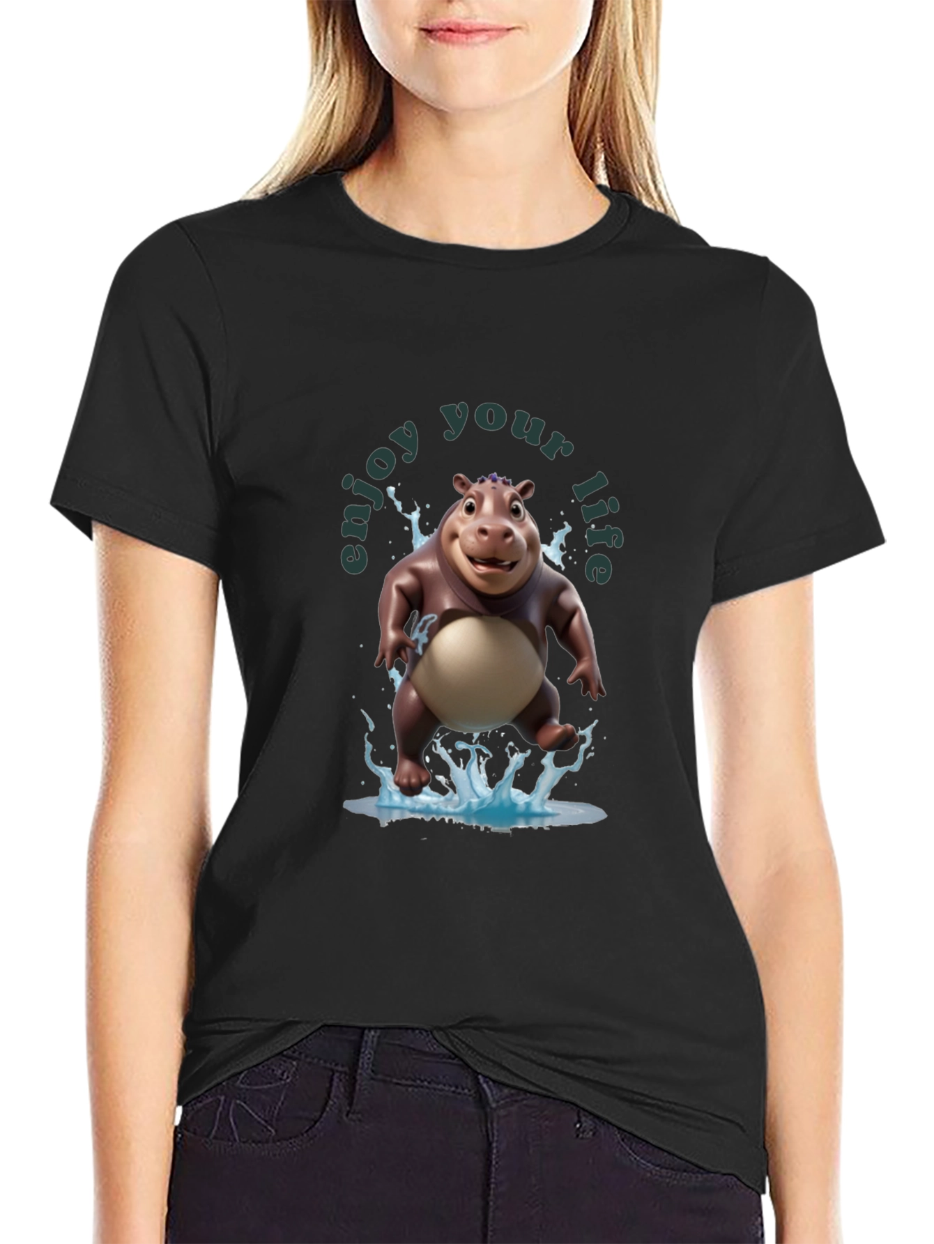 Black Enjoy Your Life Hippo T-Shirt view 2