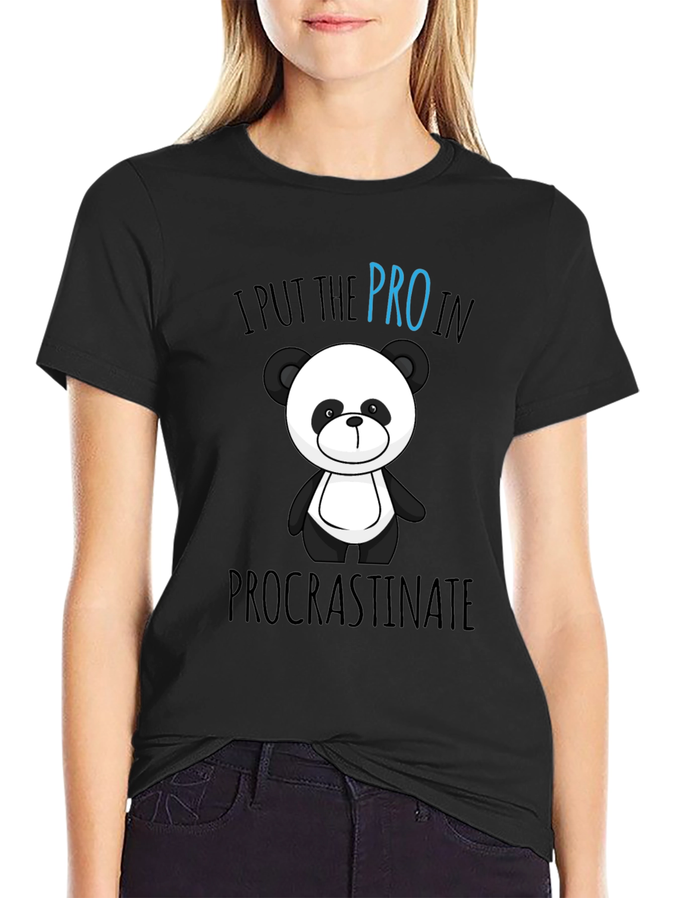 Black Funny Panda Procrastinate Graphic T-Shirt view 2