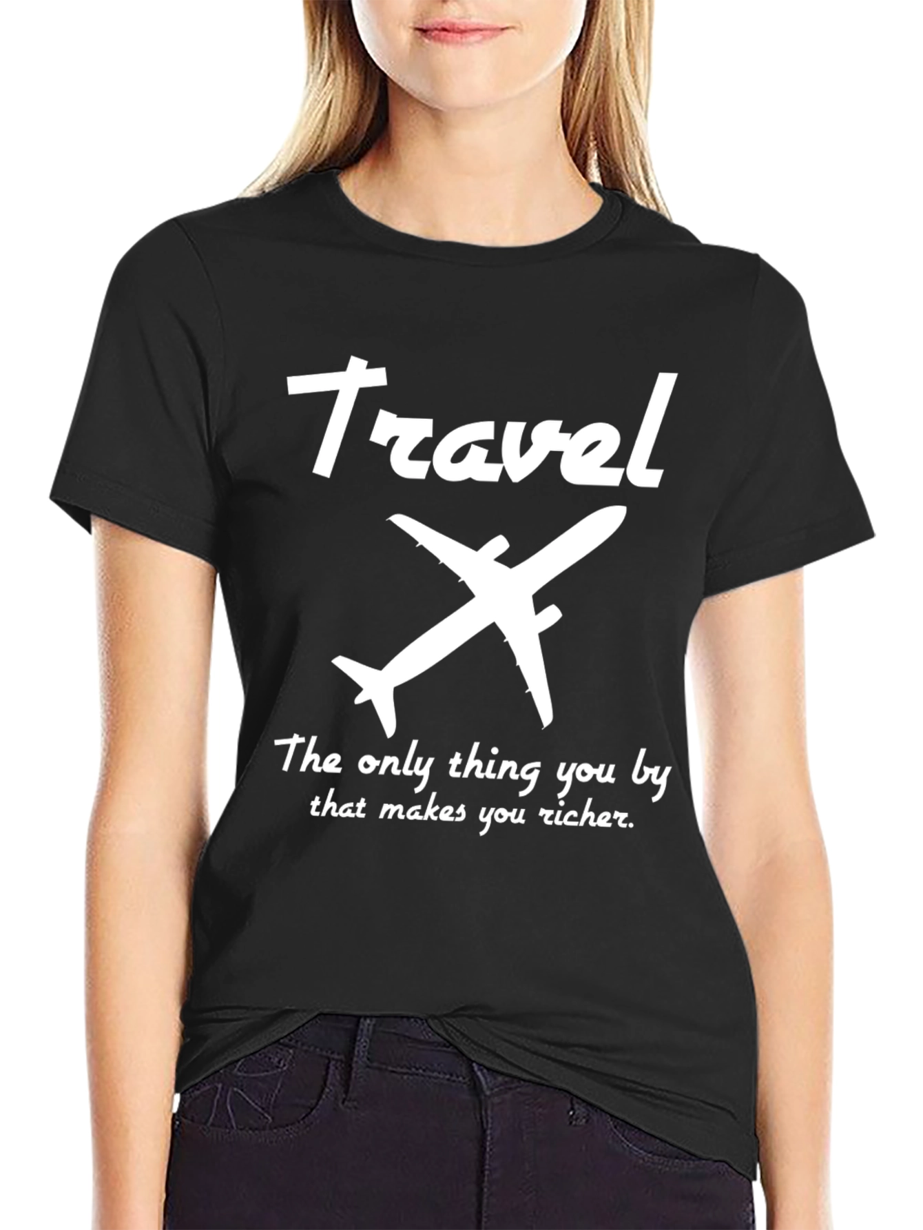 Black Travel Airplane Graphic T-Shirt - Makes You Richer Tee view 2