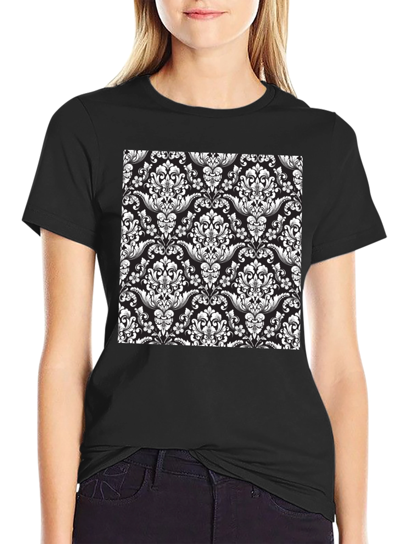 Black Elegant Damask Pattern Black T-Shirt view 2