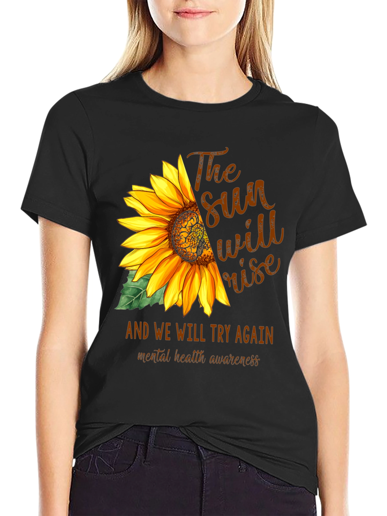 Black Sunflower Mental Health Awareness Graphic Tee view 2