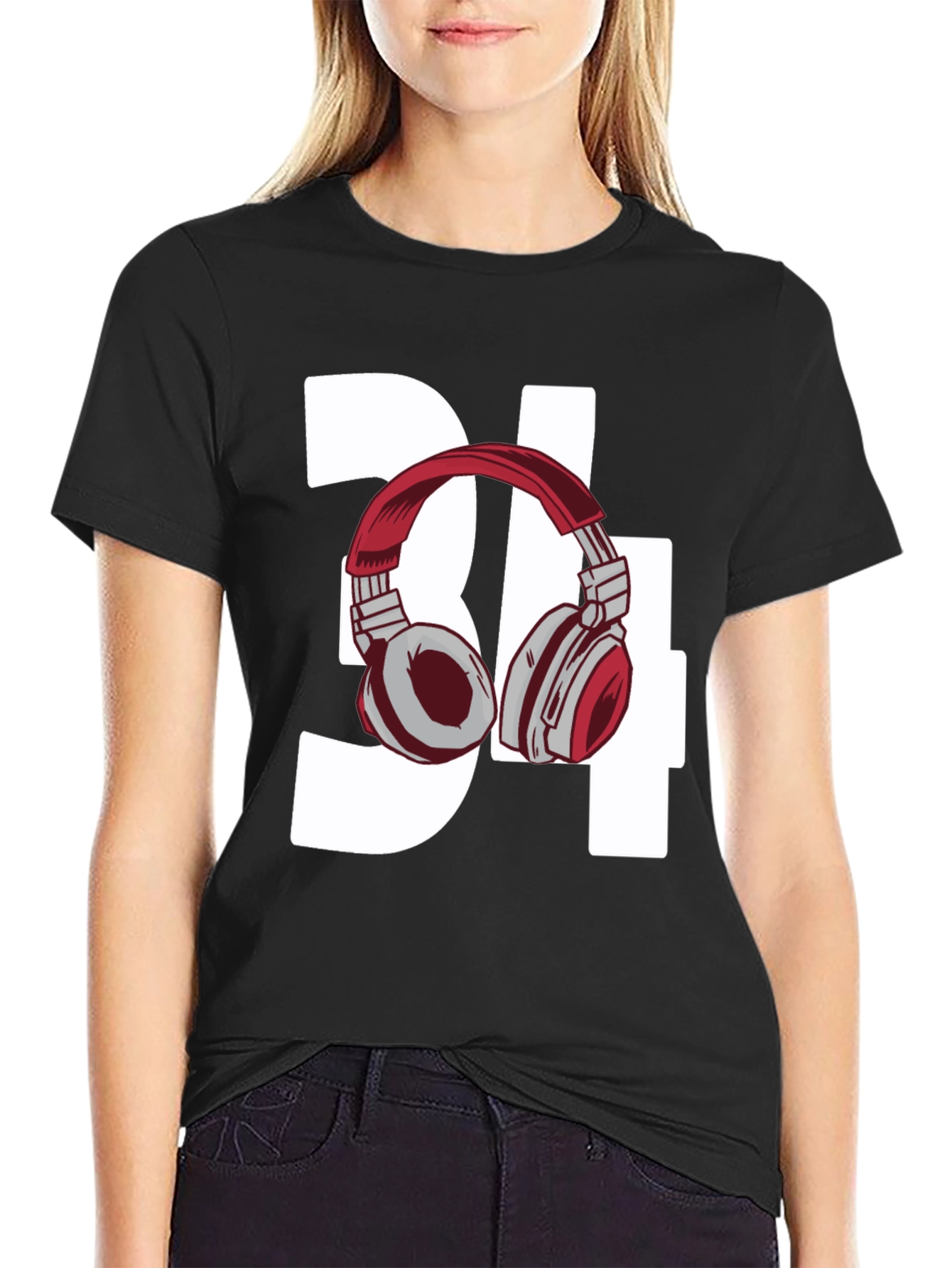 Black Stylish Number 34 Headphones Graphic Tee view 2