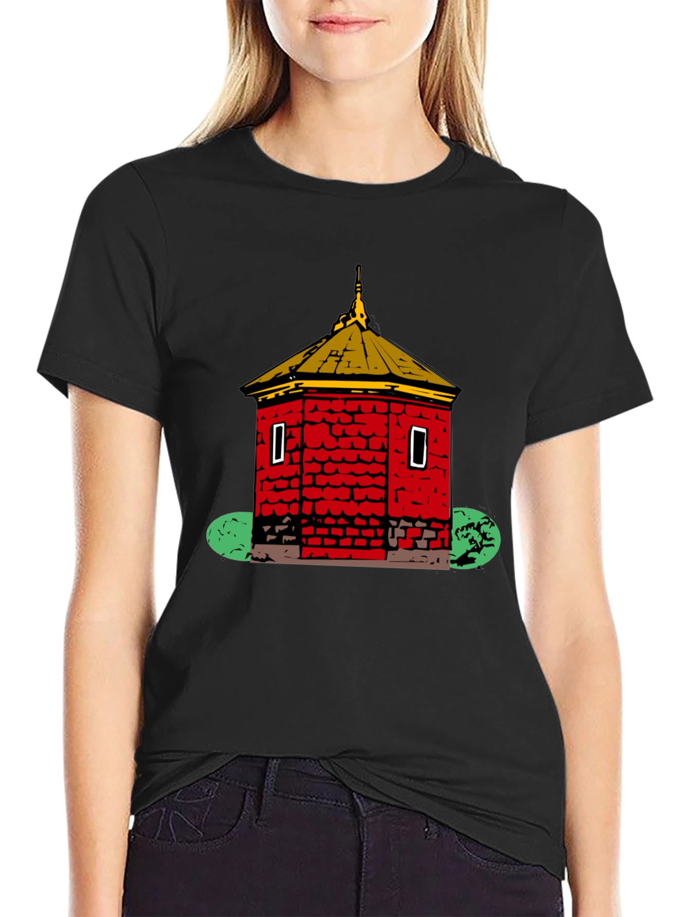 Black Red Brick Building Graphic Black T-Shirt view 2