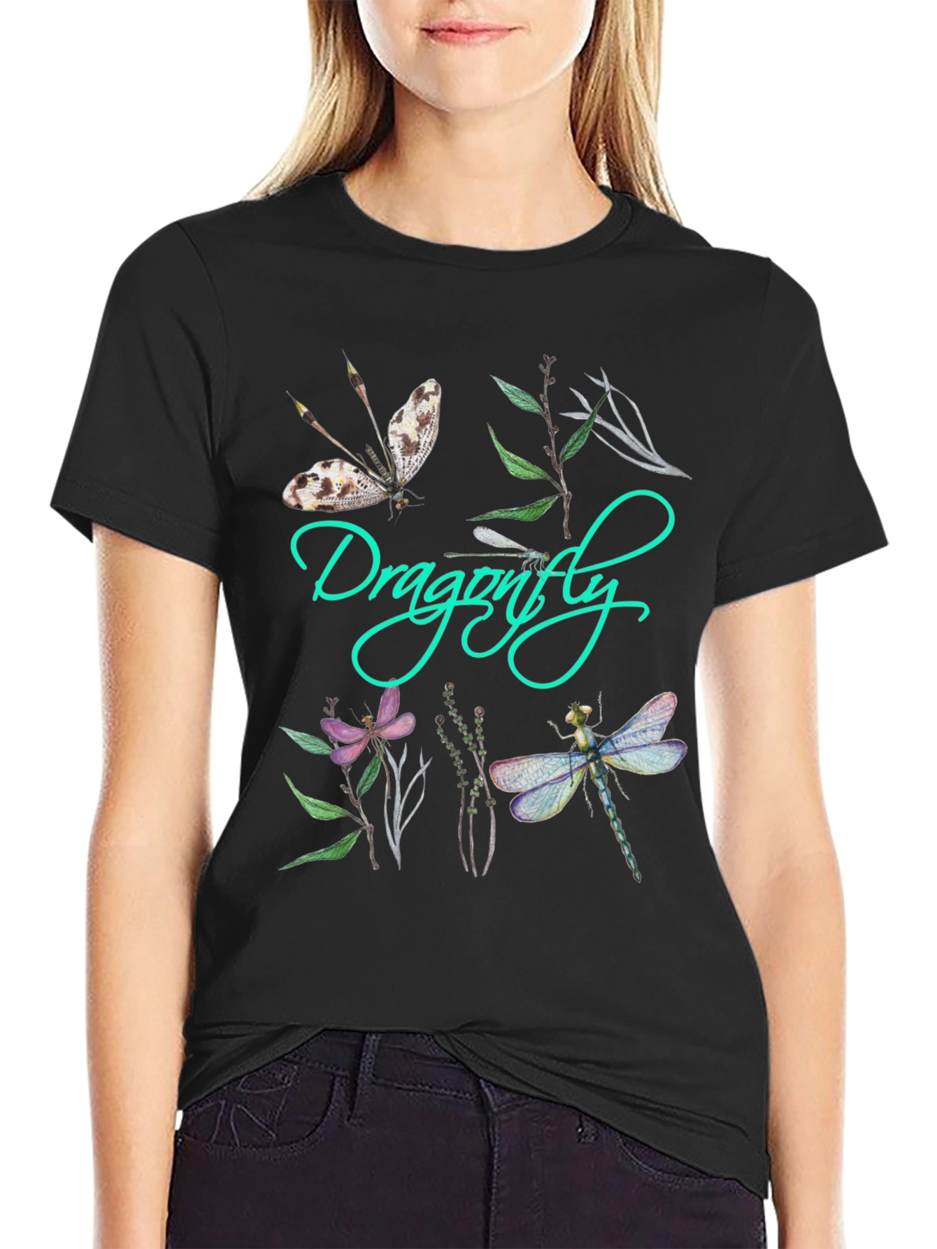 Dragonfly Graphic Print Black T-Shirt - 2