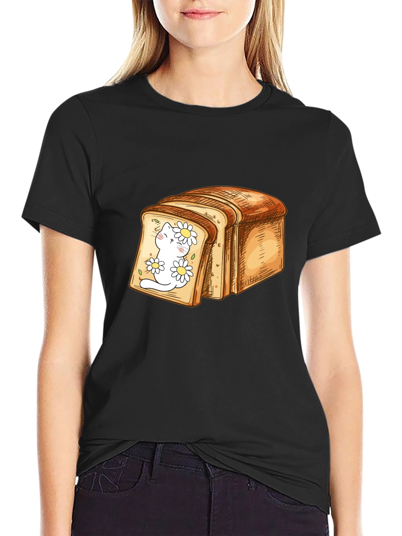 Black Cute Cat in Bread Slice Graphic T-Shirt view 2