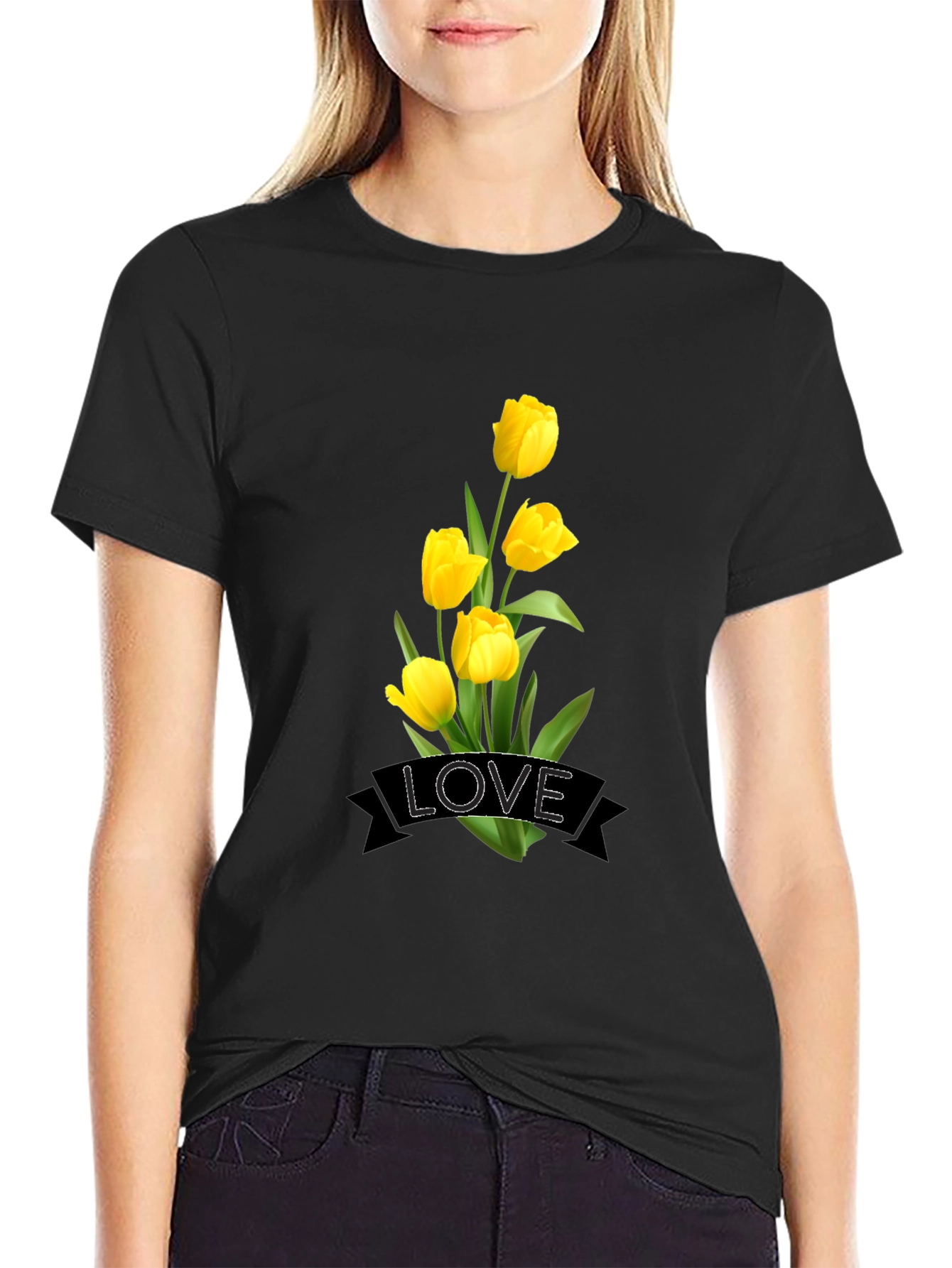 Black Love Tulips Graphic Black T-Shirt view 2