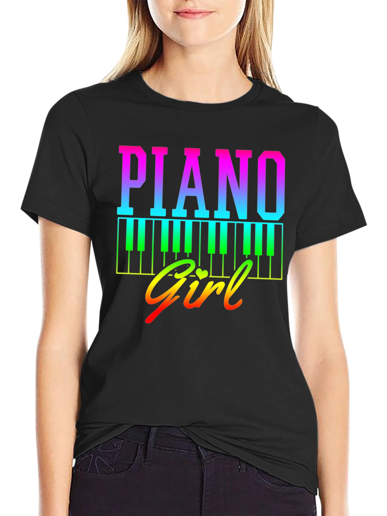 Black Piano Girl Rainbow Graphic Tee - Musician's Shirt view 2