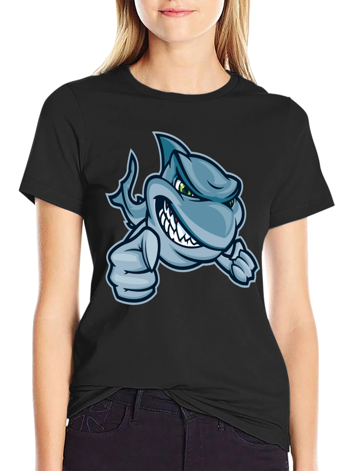 Black Cool Cartoon Shark Graphic T-Shirt view 2