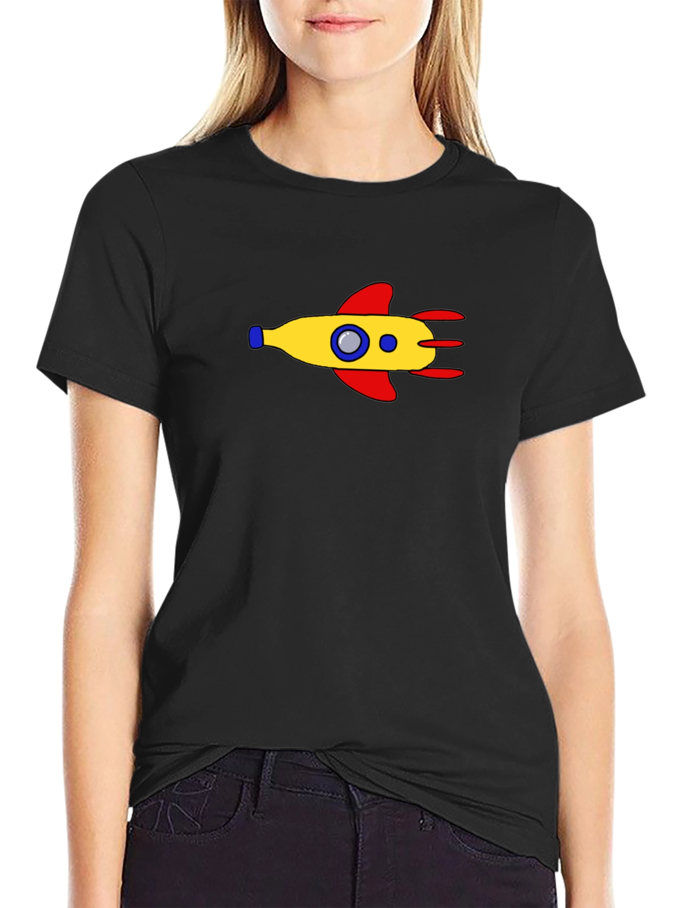 Black Retro Rocket Graphic Tee - Black Cotton Blend view 2