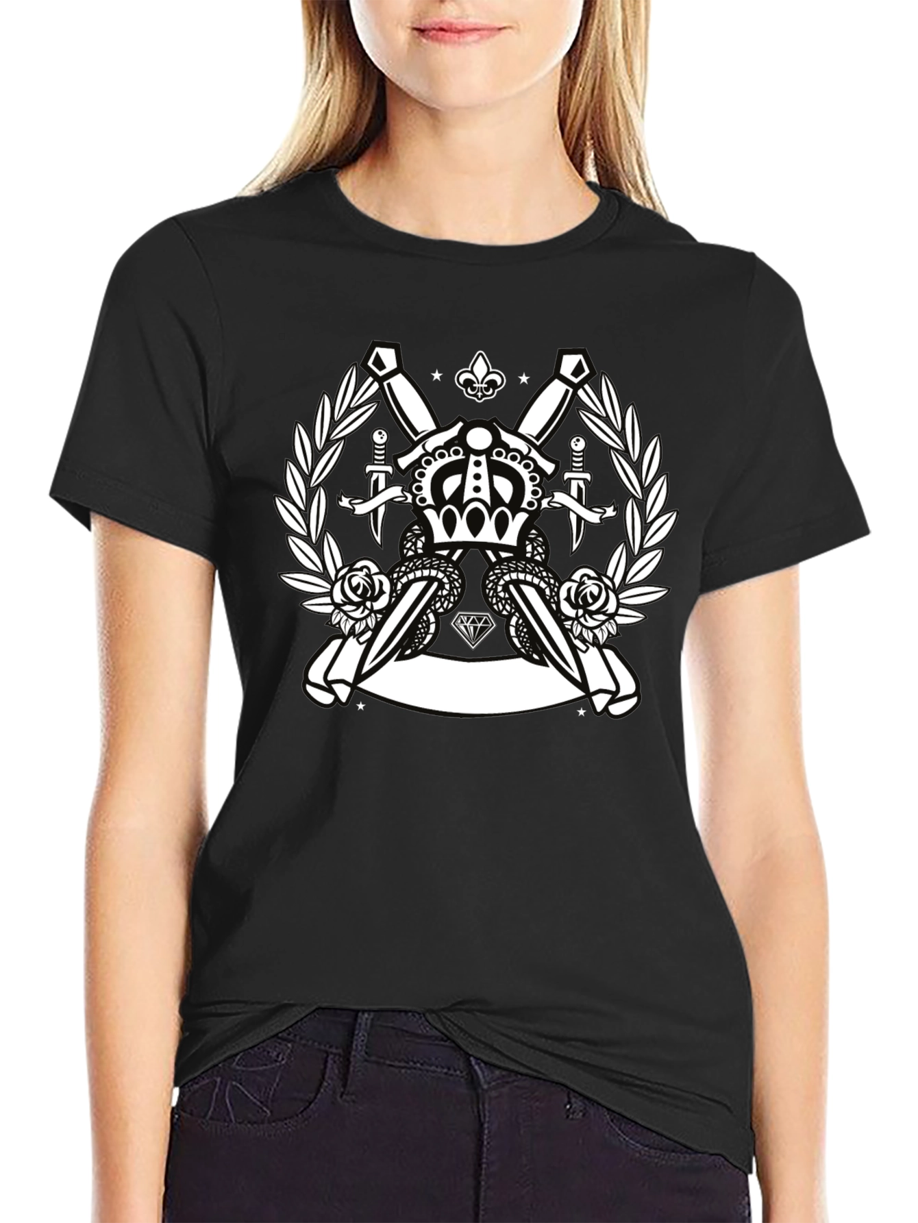 Black Crown & Swords Black Graphic T-Shirt view 2