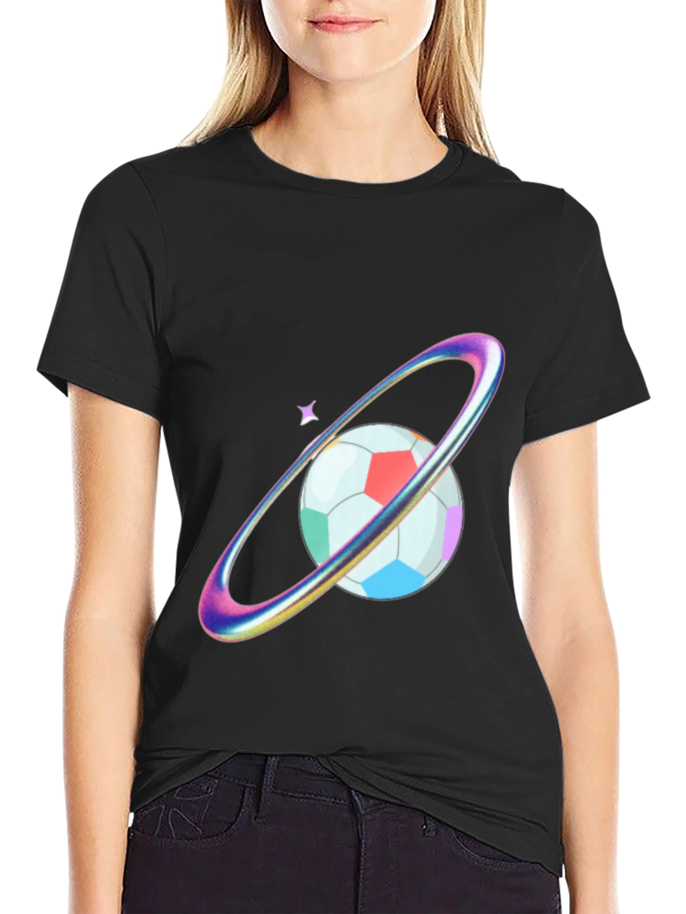 Black Colorful Planet Soccer Graphic Tee view 2