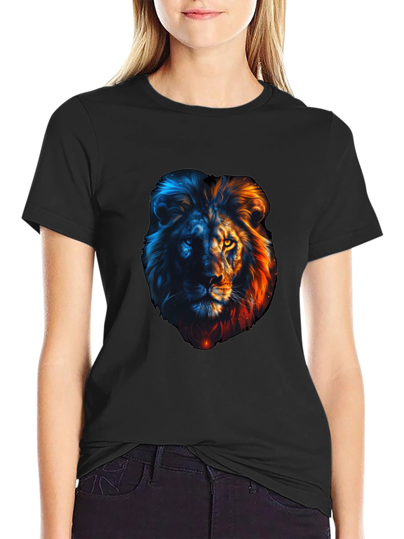 Black Lion Fire and Ice Graphic Tee - Cool Men's T-Shirt view 2