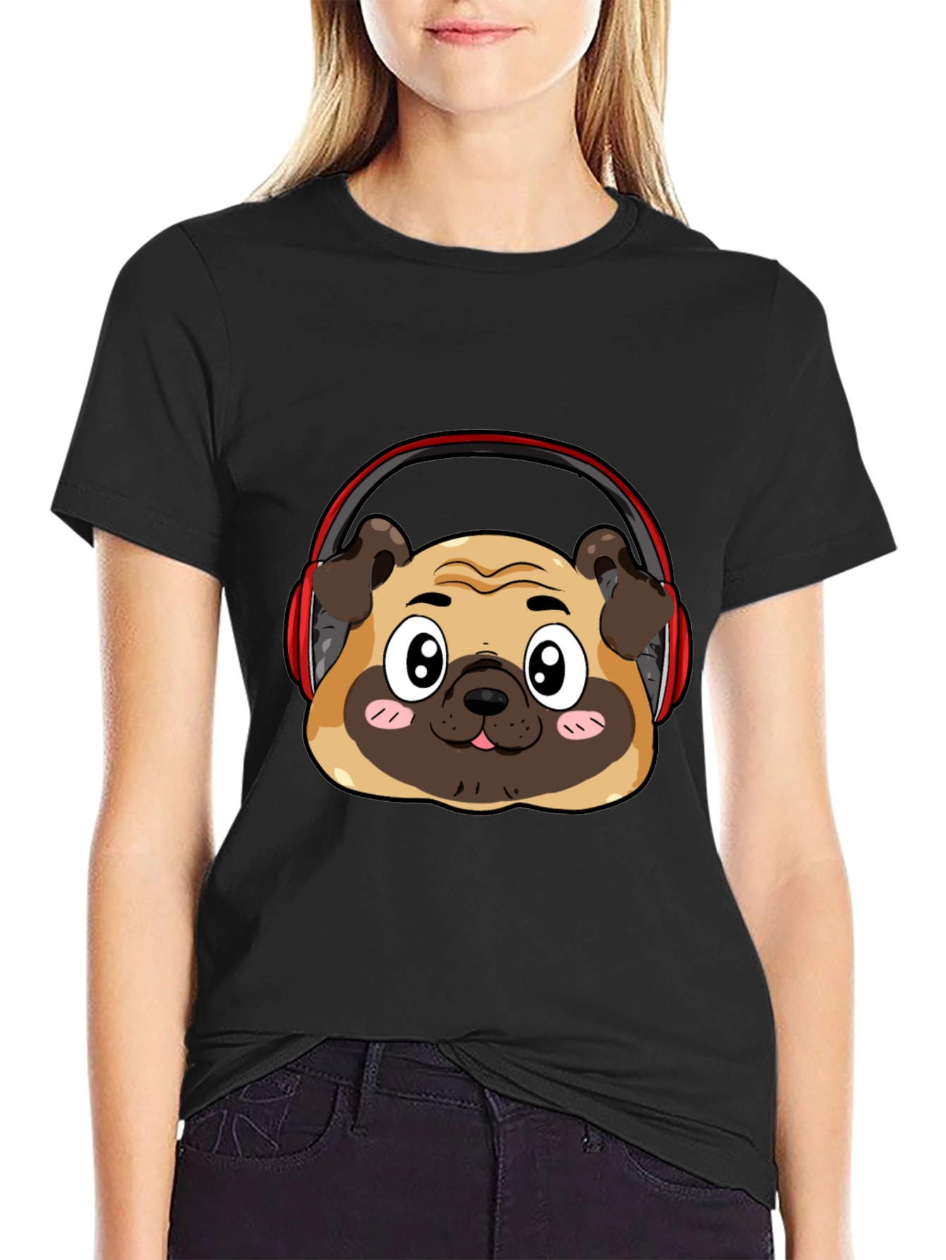 Black Pug Headphone Graphic Black T-Shirt view 2