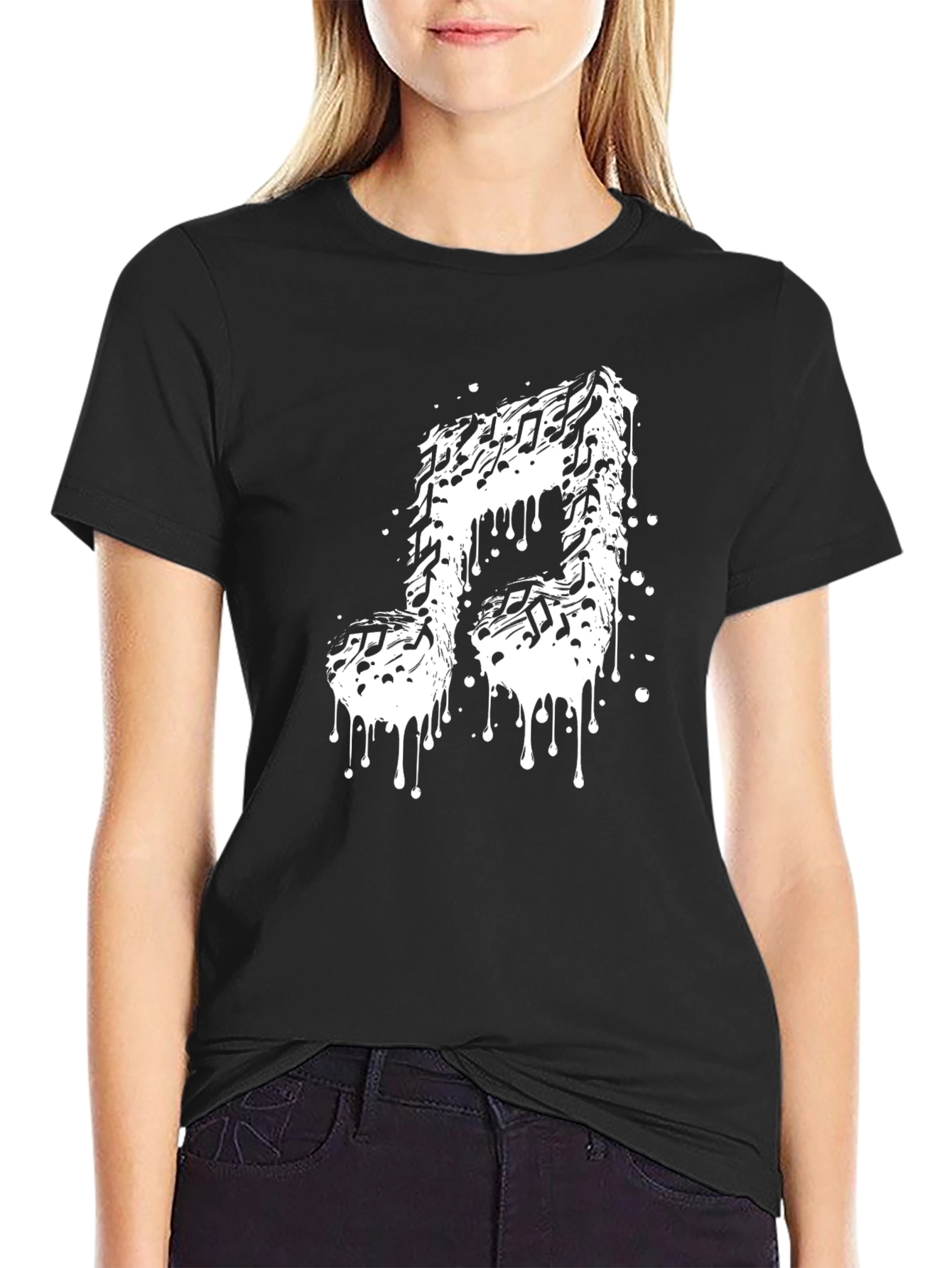 Black Musical Note Graphic Tee - Black Cotton T-Shirt view 2