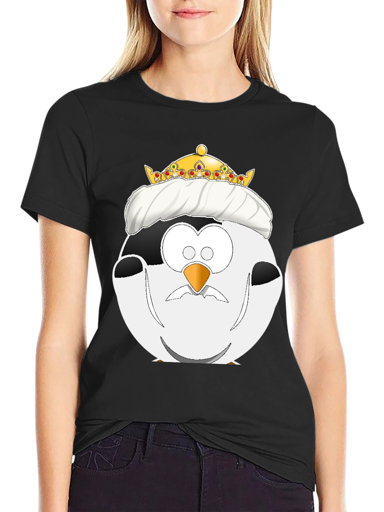 Black King Penguin Cartoon Graphic Tee view 2