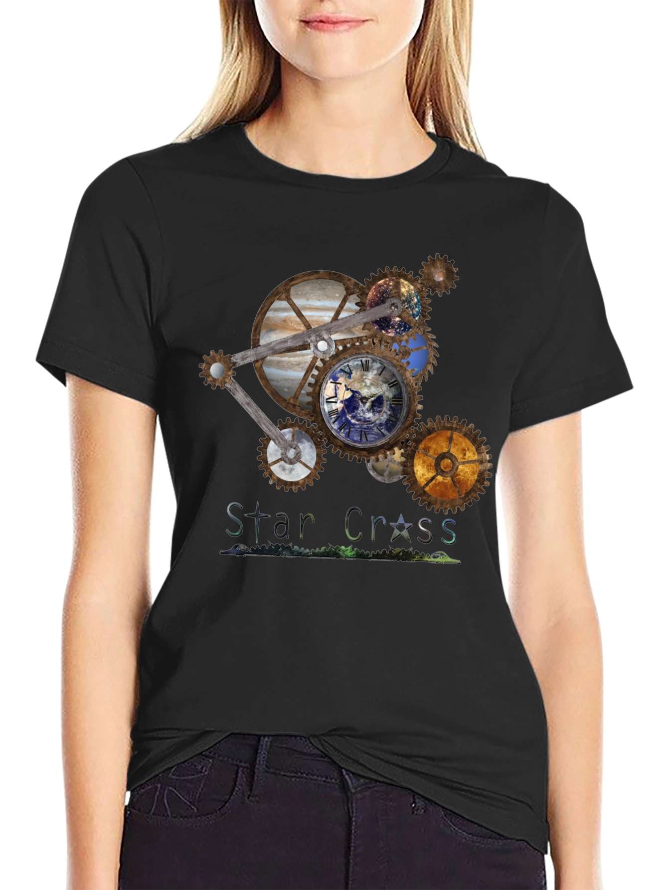Black Steampunk Planet Gear T-Shirt - Star Cross Design view 2