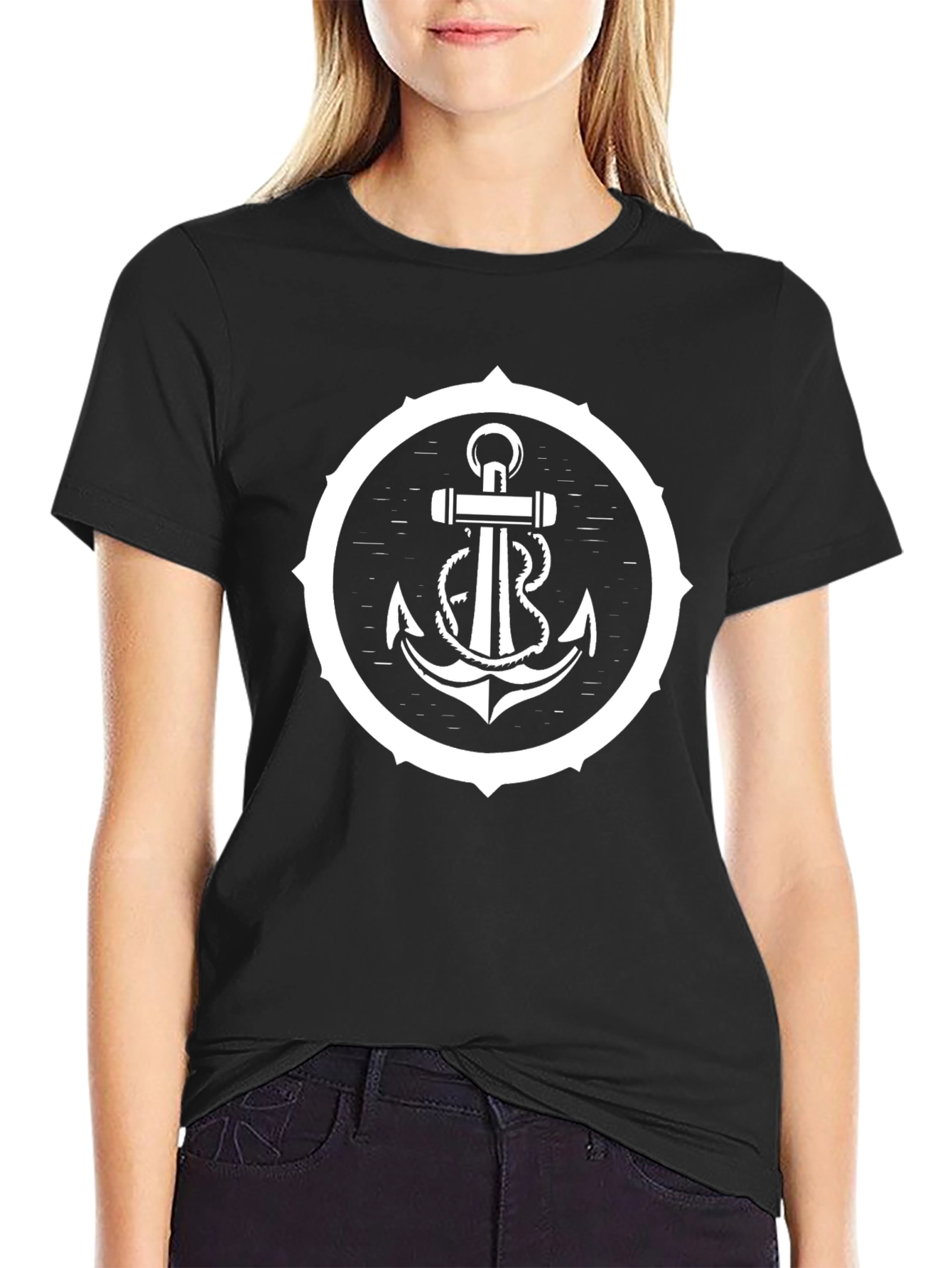 Black Nautical Anchor Graphic Tee - Black Cotton Blend view 2