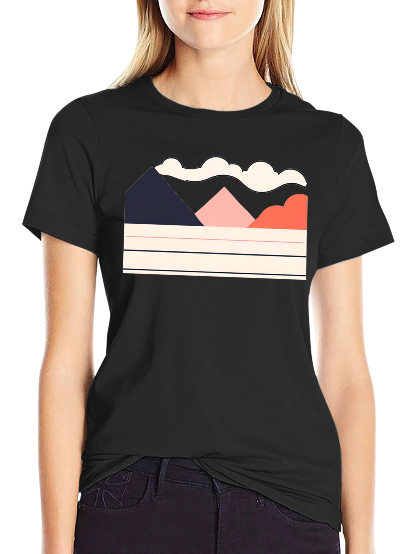 Black Geometric Mountain Scene Black Tee view 2