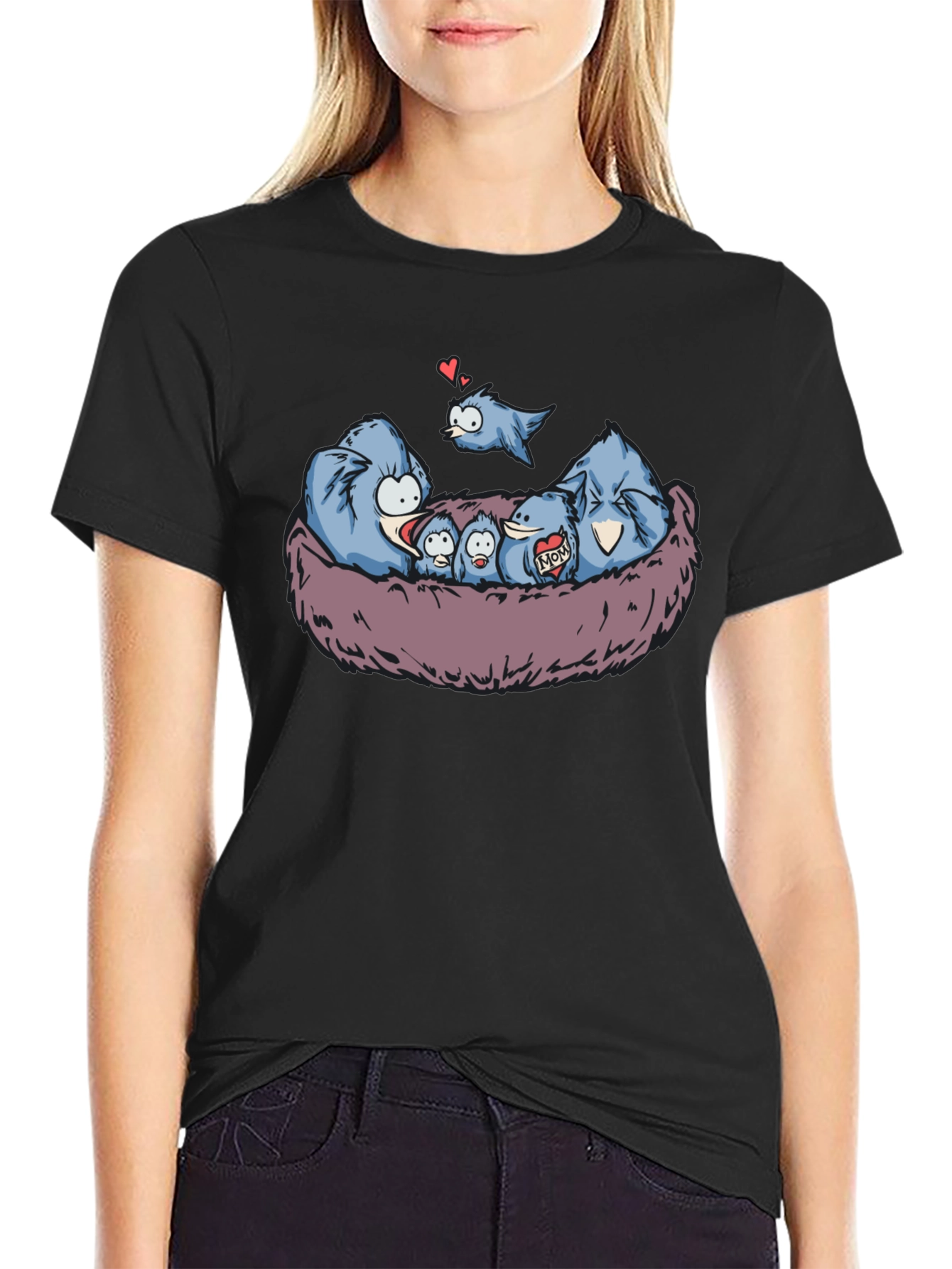 Black Cute Birds Family Nest T-Shirt view 2