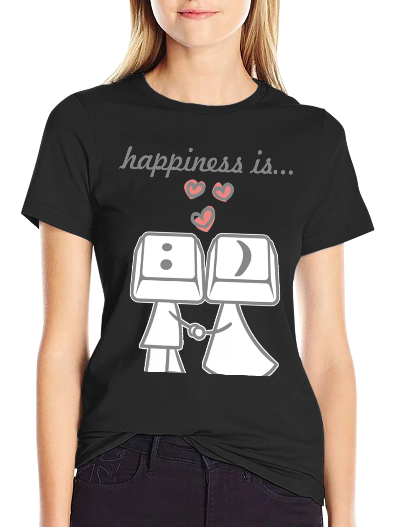 Black Happiness Is...Keyboard Key Couple T-Shirt view 2