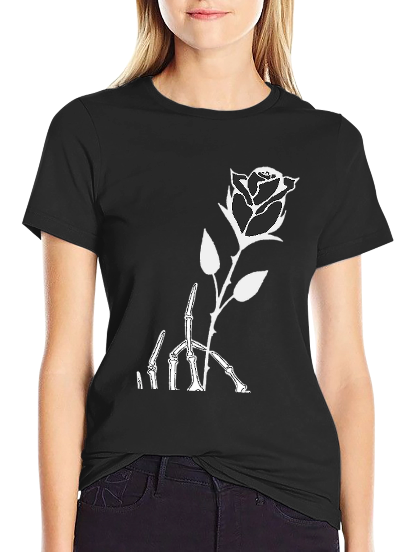 Black Rose Skeleton Graphic Print Black T-Shirt view 2
