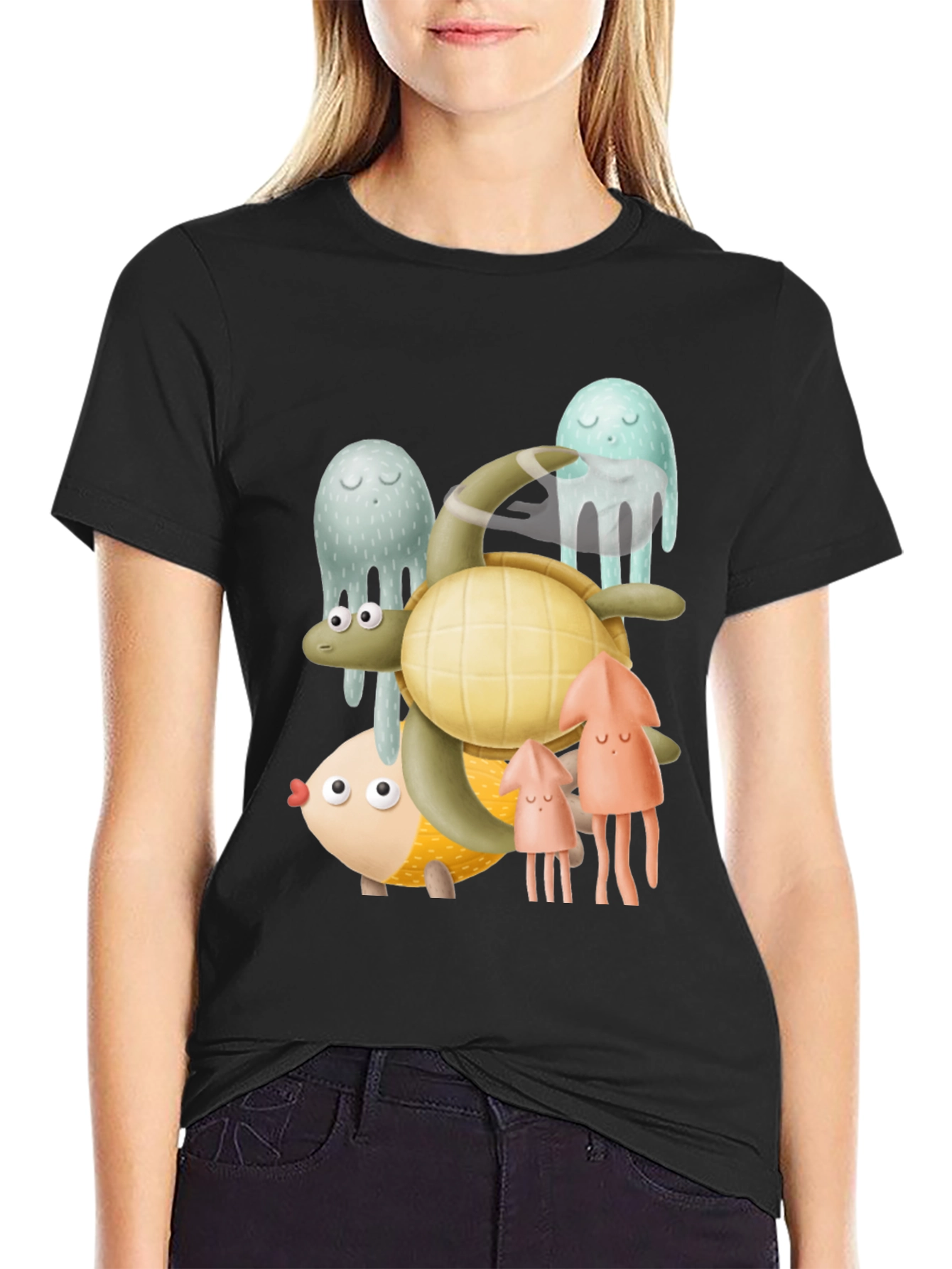 Black Sea Life Graphic Tee - Black Cotton T-Shirt view 2