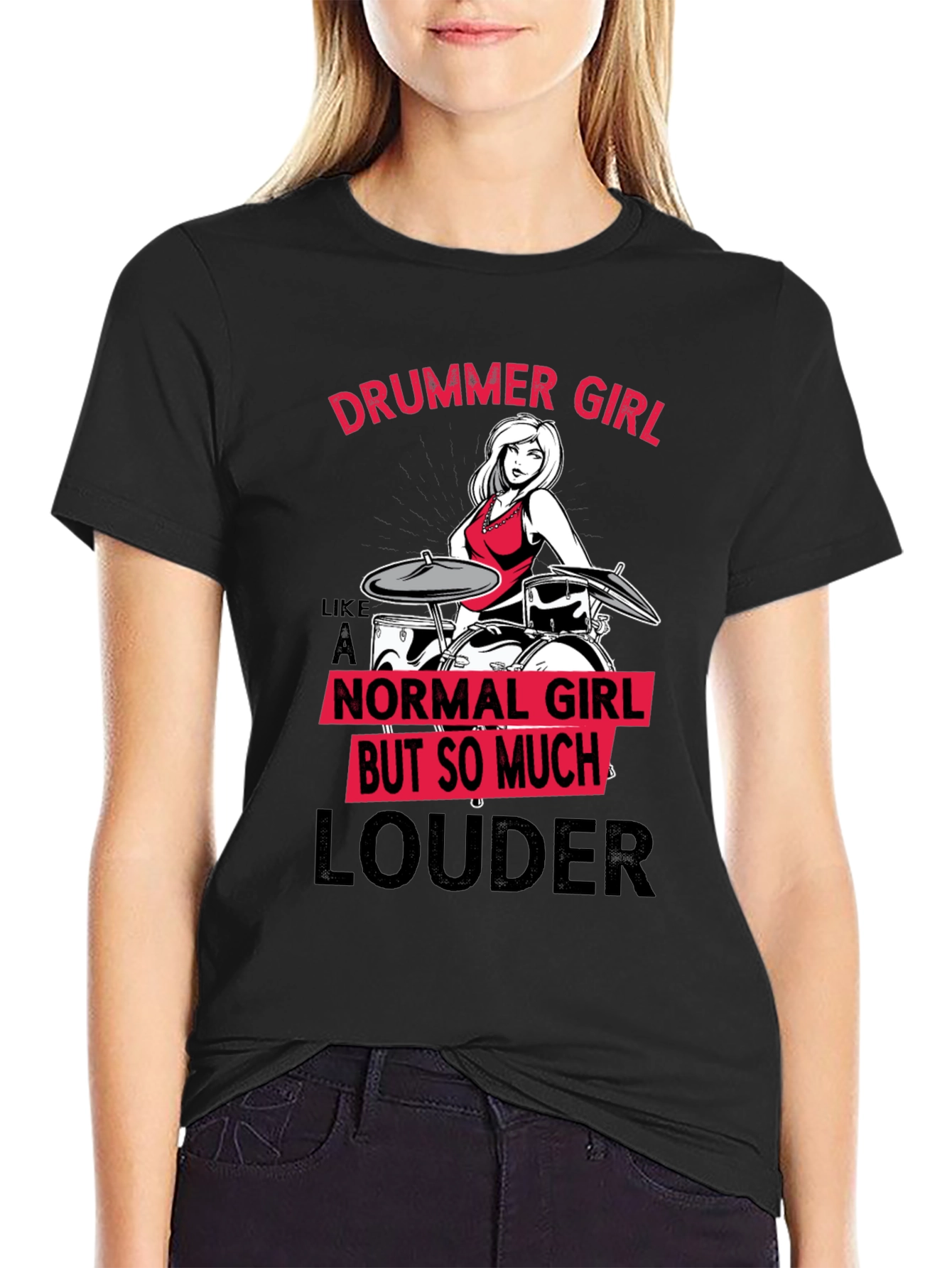 Black Drummer Girl T-Shirt - Funny Music Lover Tee view 2