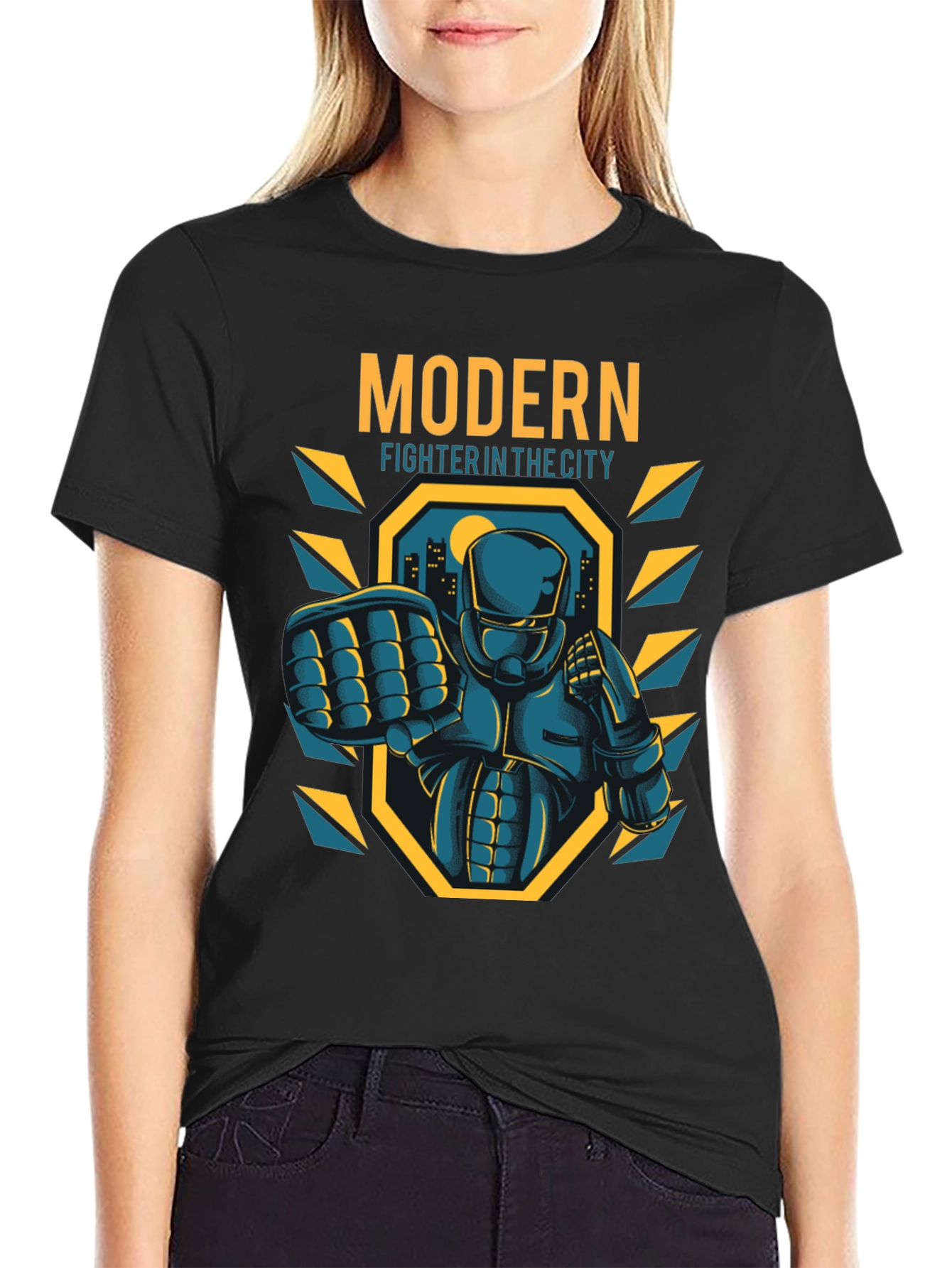 Black Modern Fighter City T-Shirt - Cool Graphic Tee view 2
