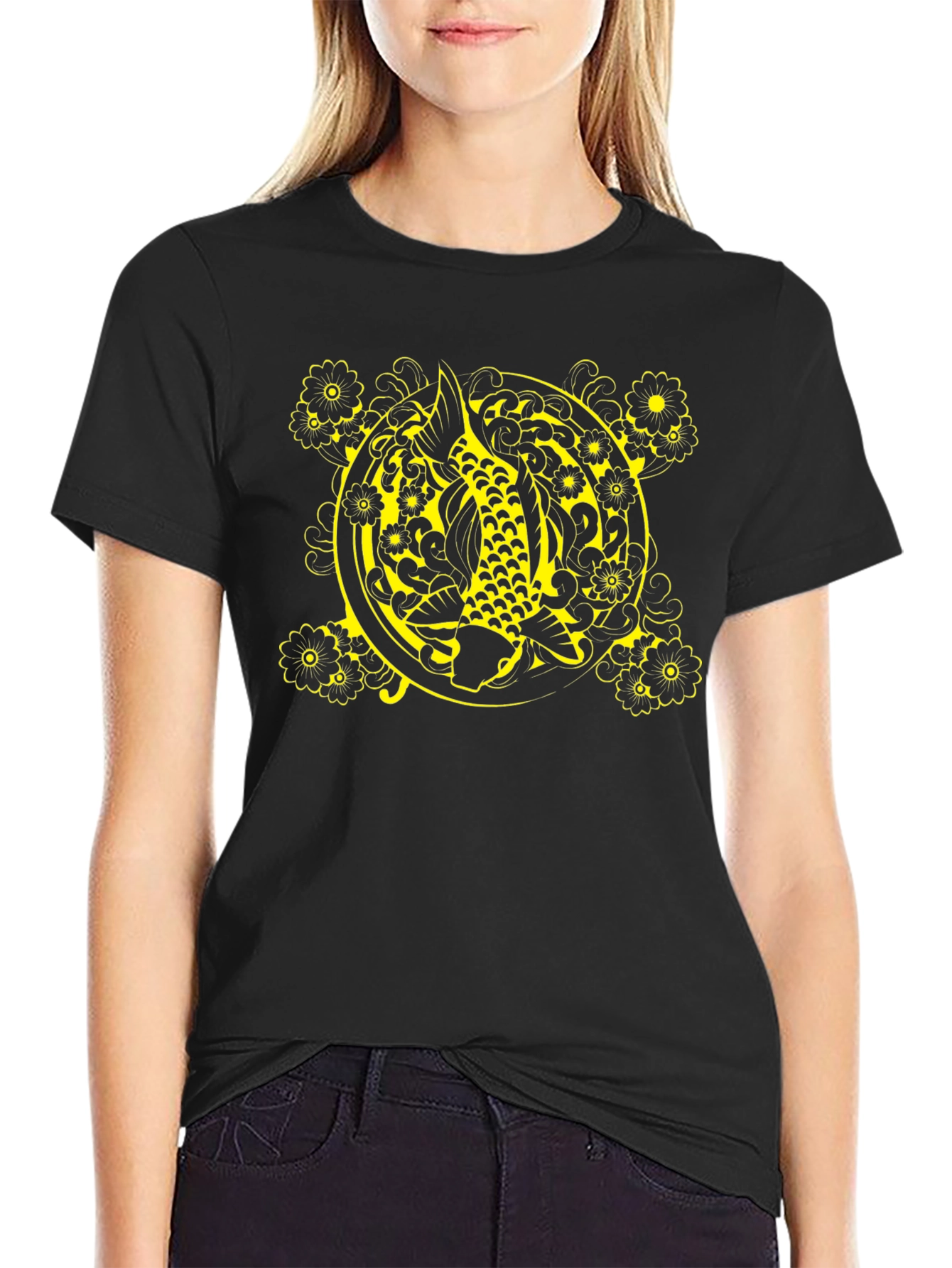 Black Koi Fish Floral Graphic T-Shirt - Black view 2
