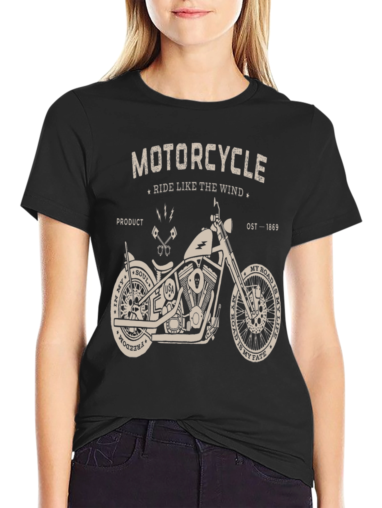 Black Motorcycle Ride Like The Wind Graphic T-Shirt view 2