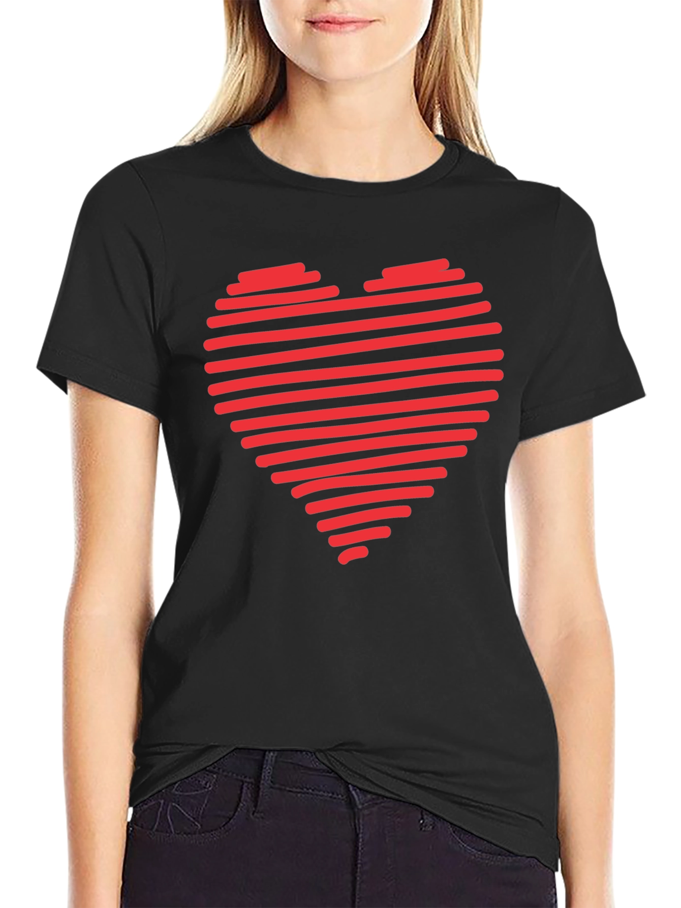 Black Red Heart Stripes Black T-Shirt Love Graphic Tee view 2