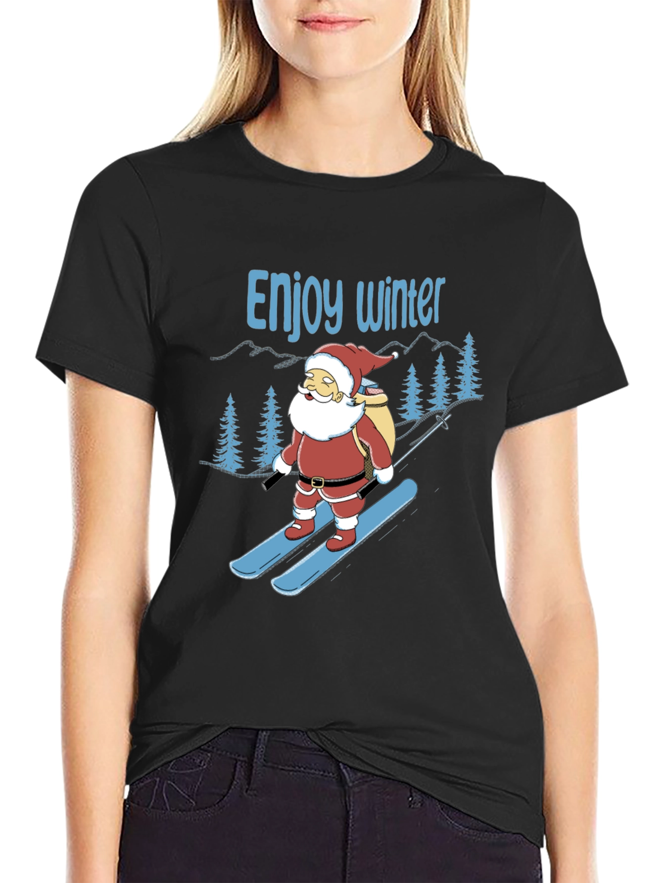 Black Enjoy Winter Santa Skiing Graphic Tee view 2