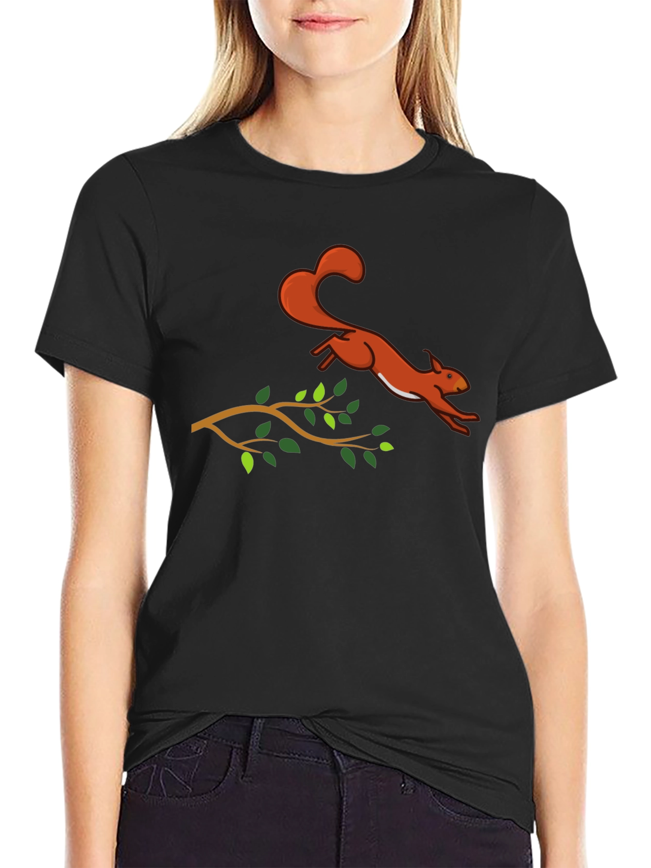 Black Squirrel Leaping T-Shirt - Black Cotton Graphic Tee view 2