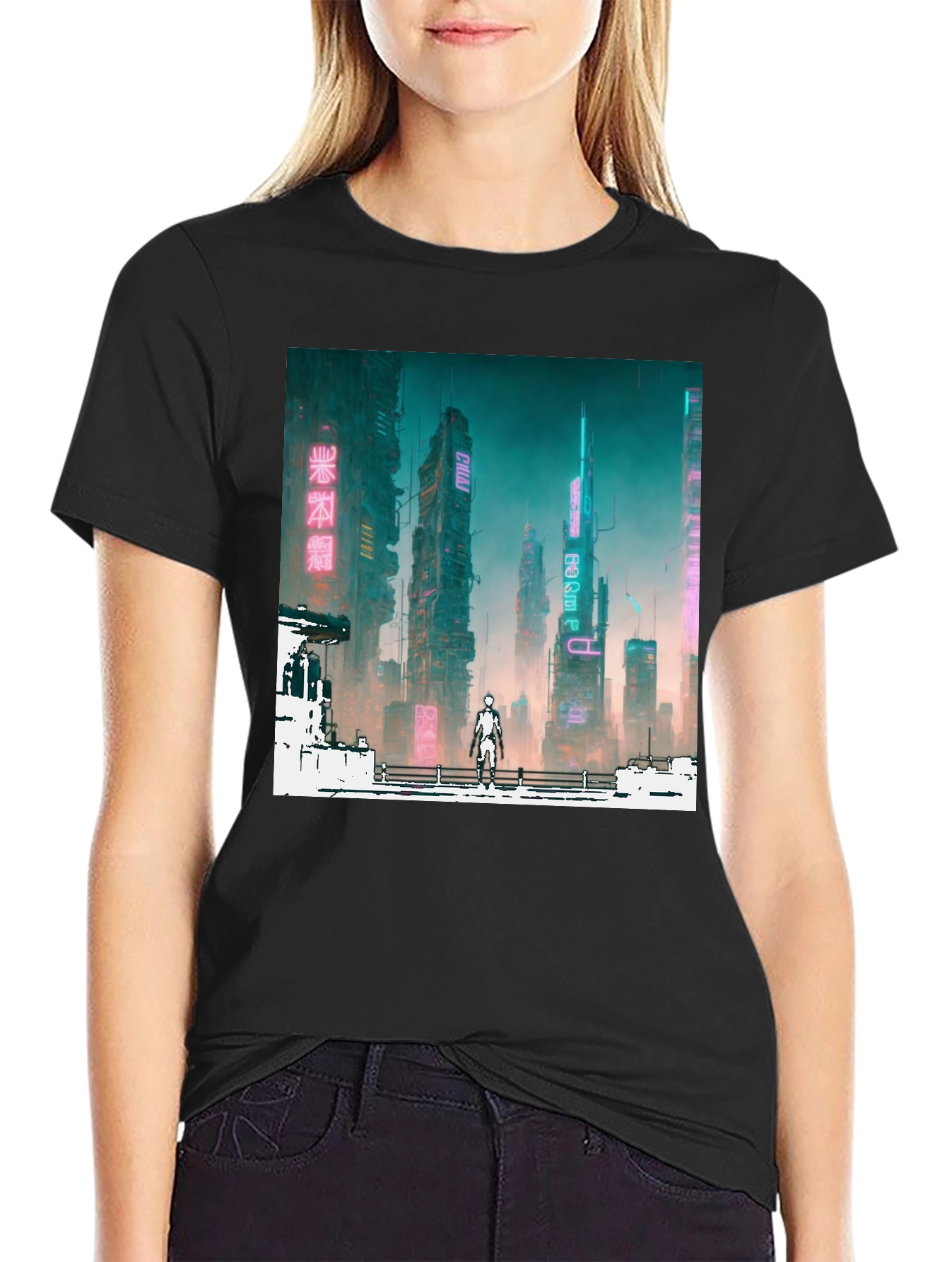 Black Cyberpunk Cityscape Graphic Tee - Futuristic Fashion view 2