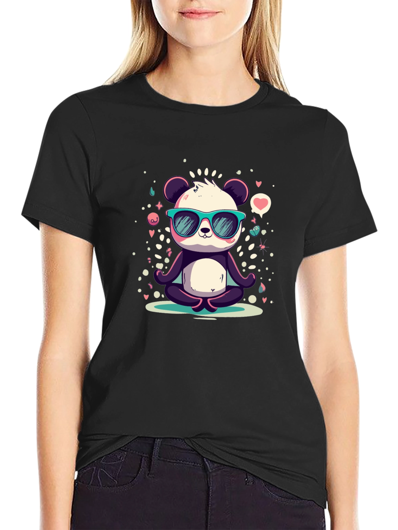 Black Cool Panda Meditating T-Shirt view 2
