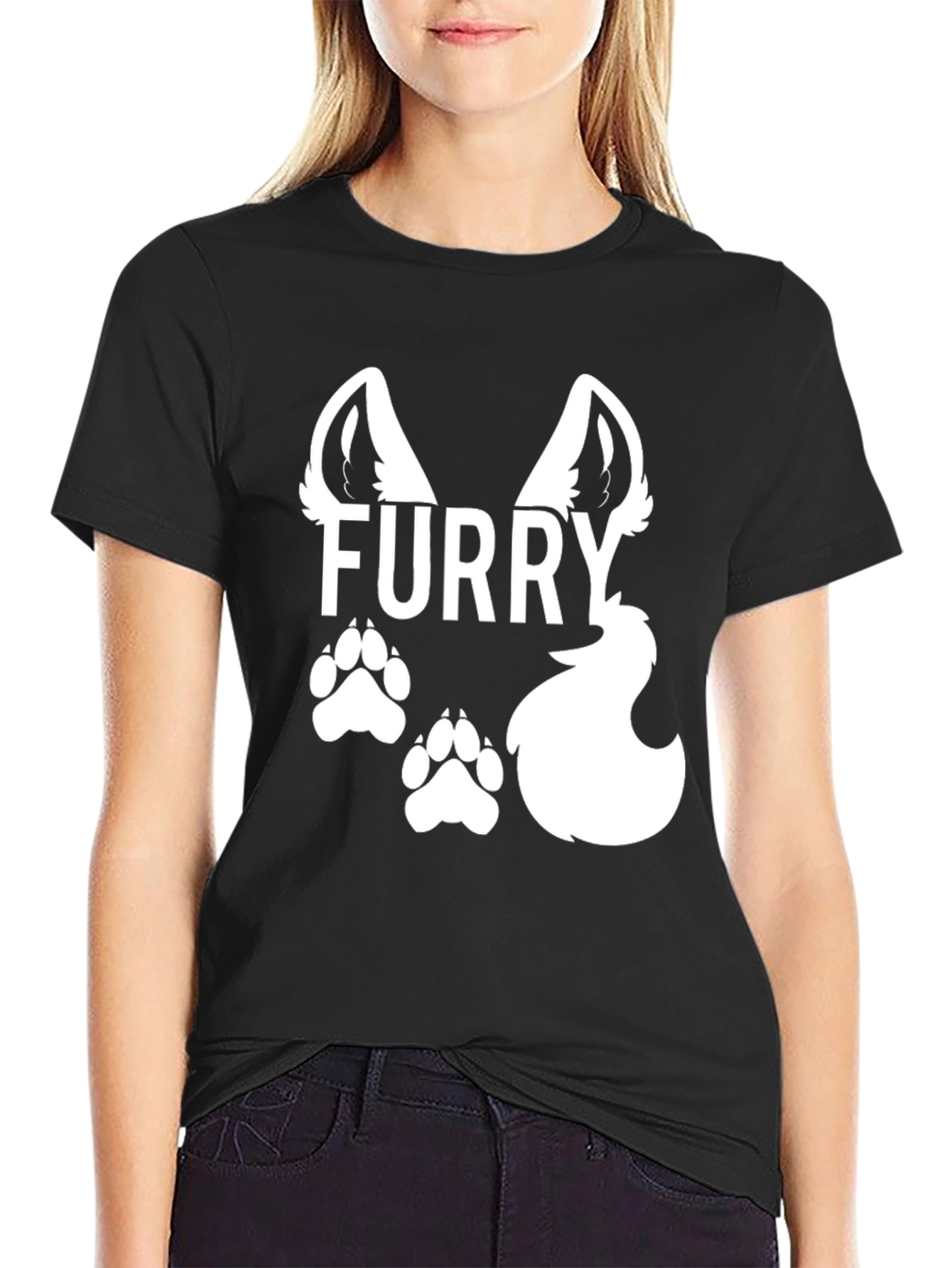 Black Furry Graphic Tee - Black Crew Neck T-Shirt view 2