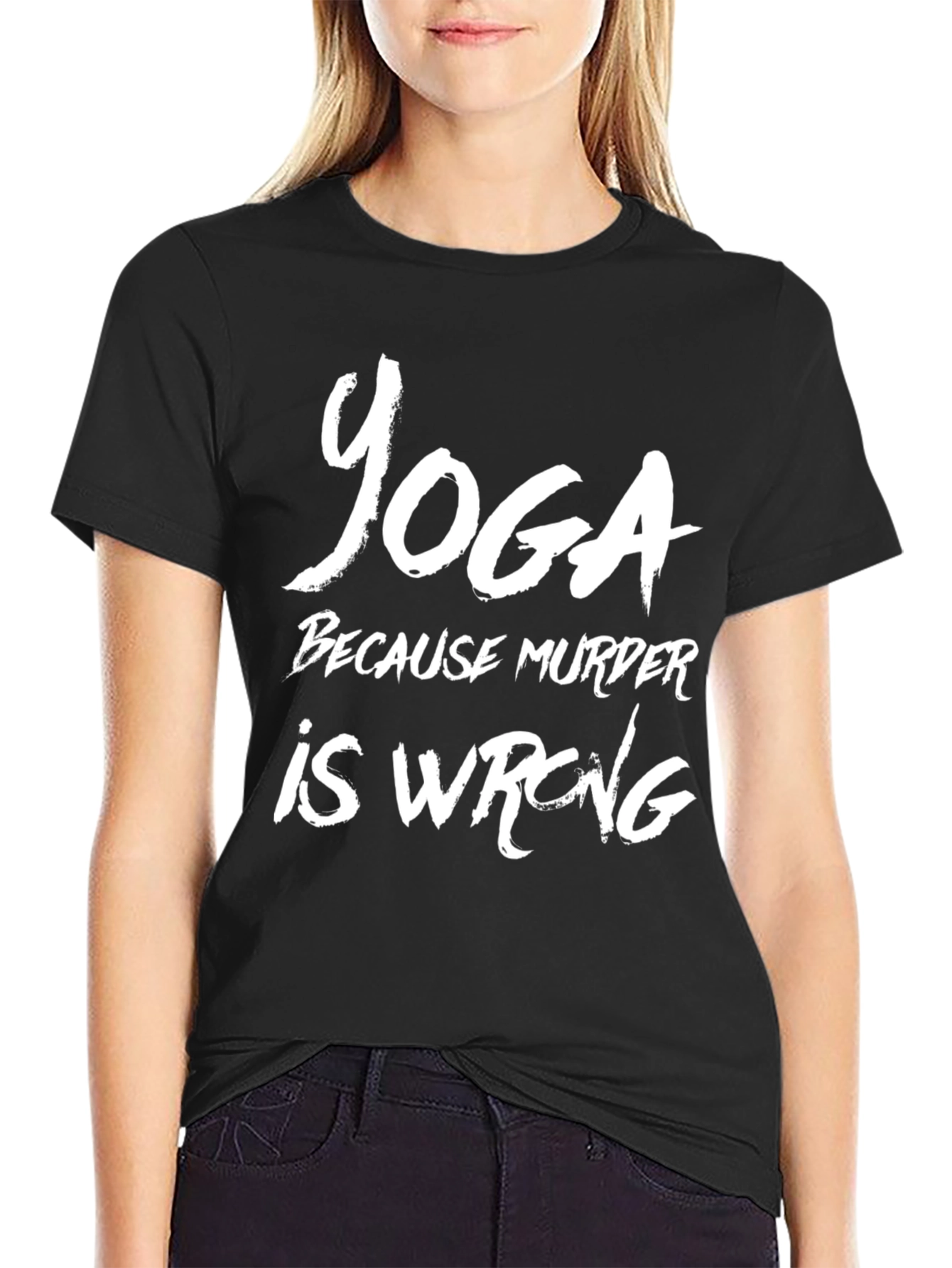 Black Yoga Because Murder Is Wrong Funny T-Shirt view 2