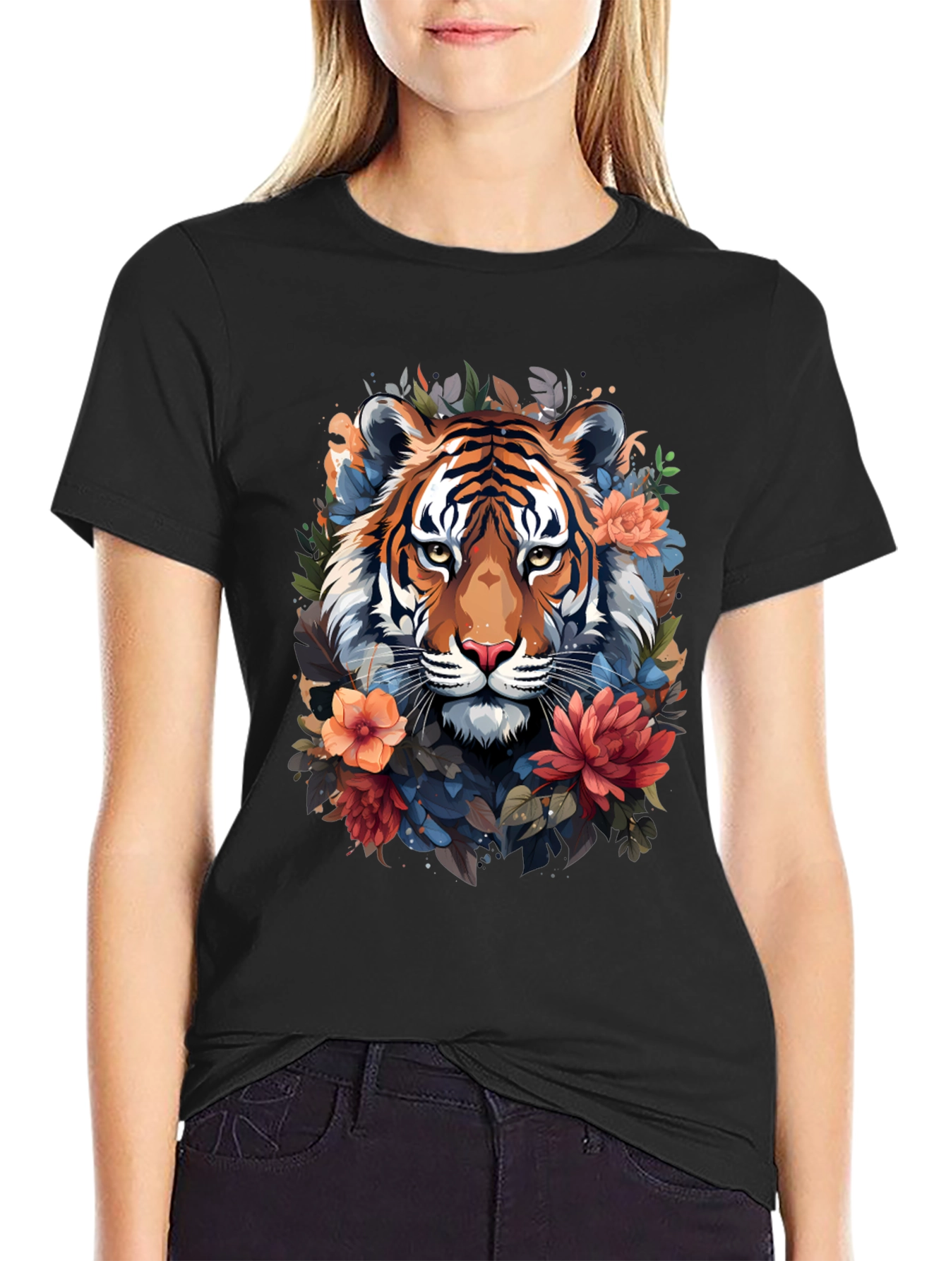 Black Floral Tiger Graphic Tee - Stylish Men's Black T-Shirt view 2