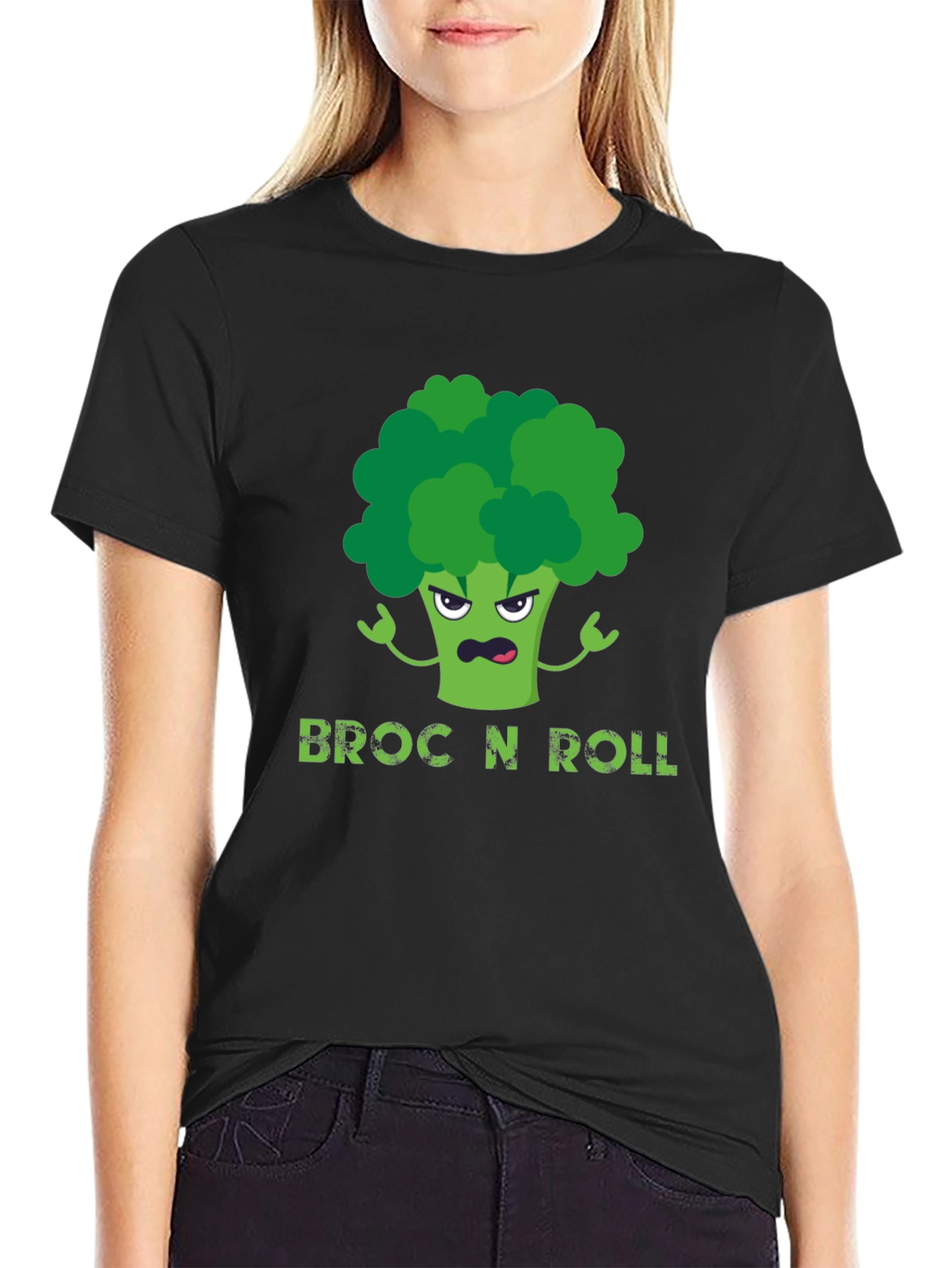 Black Broc N Roll T-Shirt - Funny Broccoli Graphic Tee view 2