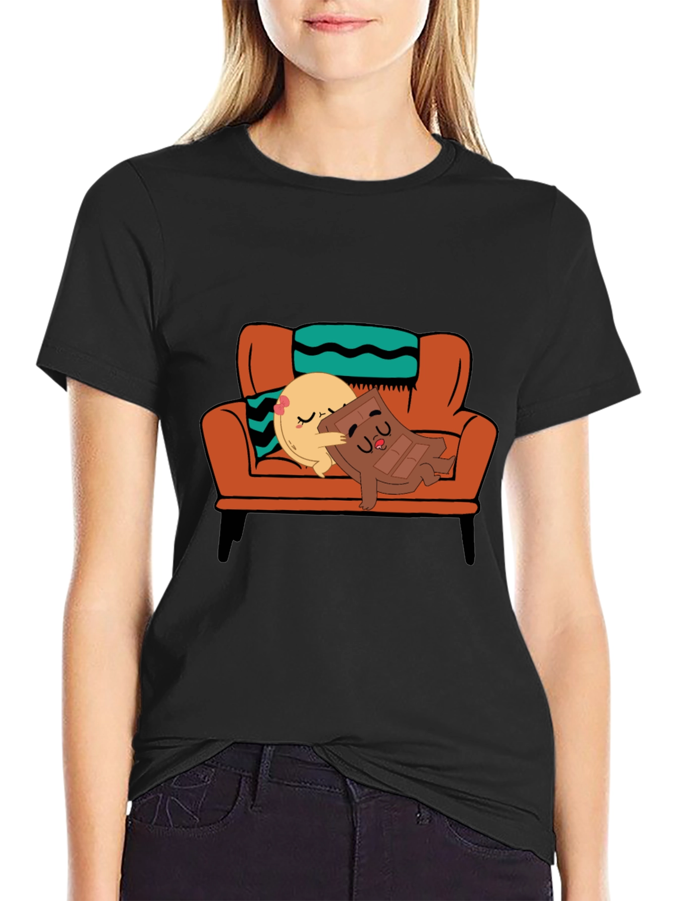 Black Cute Cartoon Foodie Relaxation T-Shirt view 2