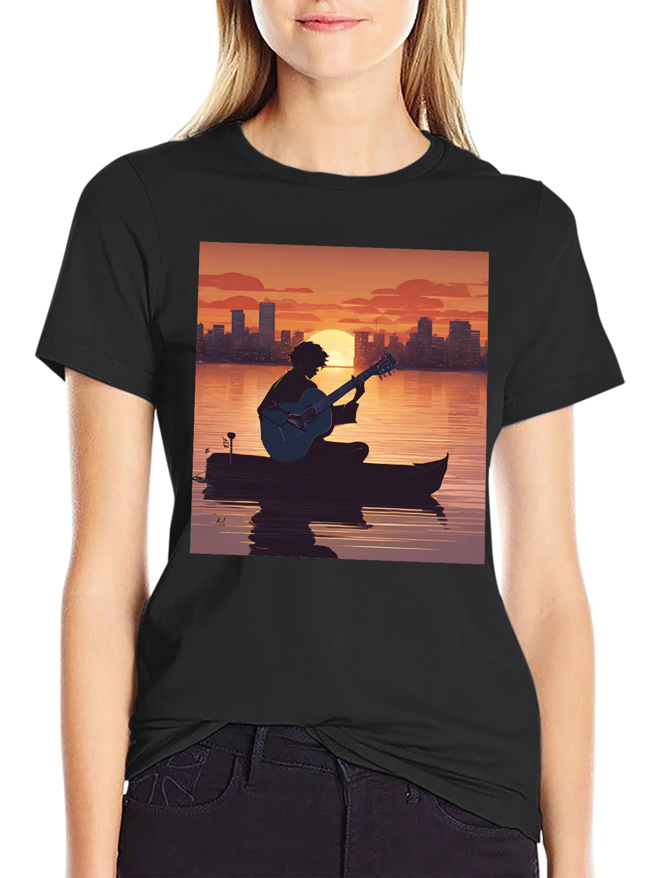 Black Sunset Guitarist T-Shirt - City Skyline Silhouette view 2
