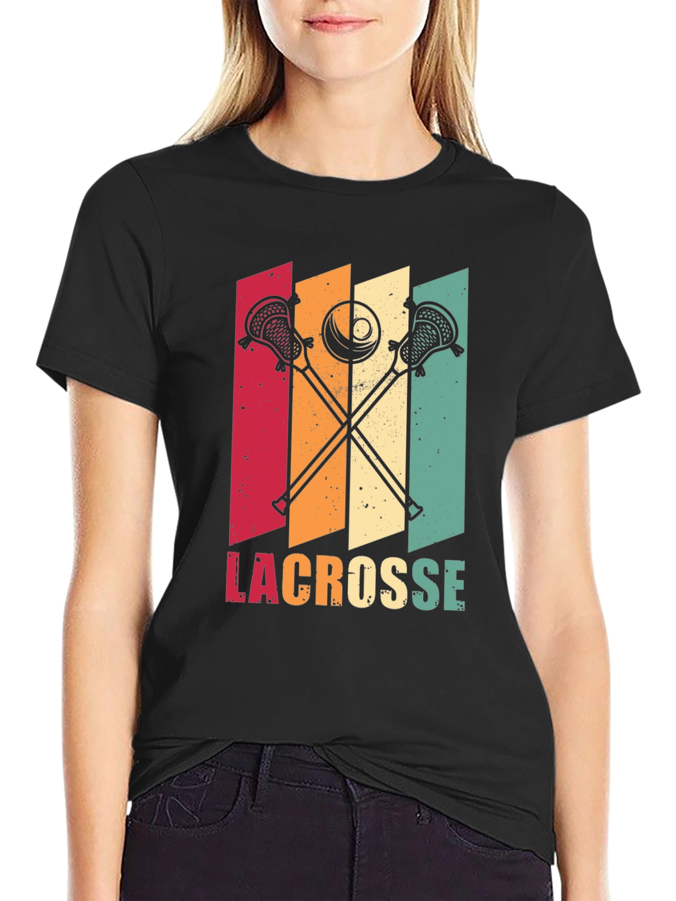 Black Retro Lacrosse T-Shirt - Vintage Style Design view 2