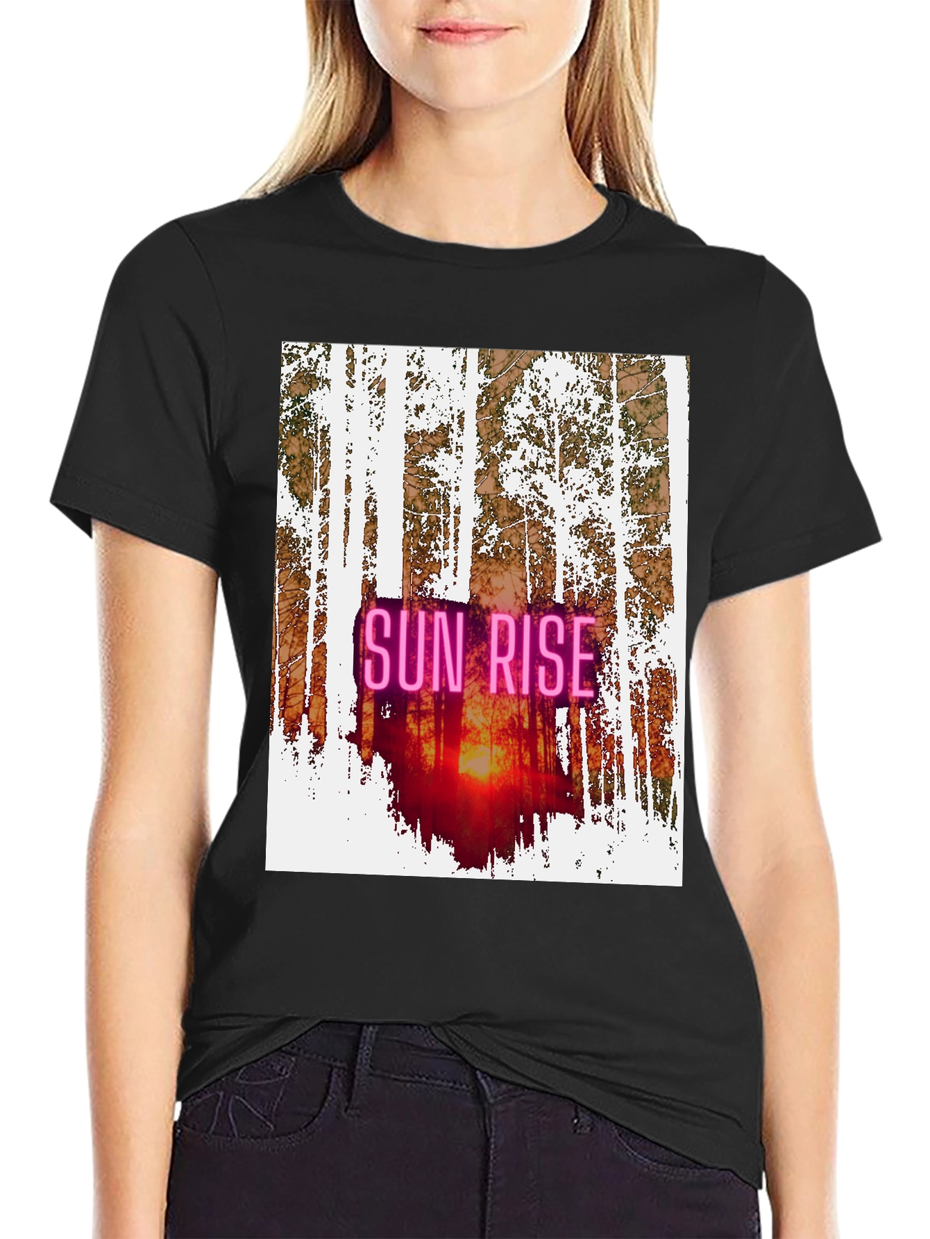 Black Sunrise Forest Graphic Tee - Nature Inspired Black T-Shirt view 2