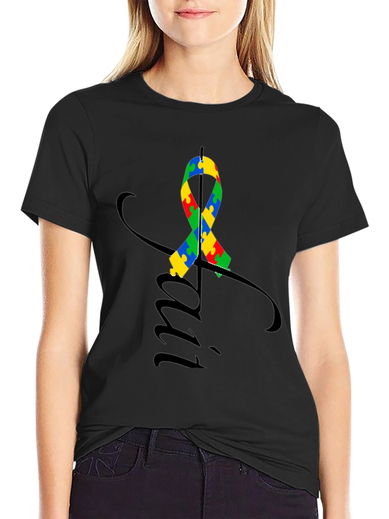 Black Autism Awareness Ribbon T-Shirt view 2
